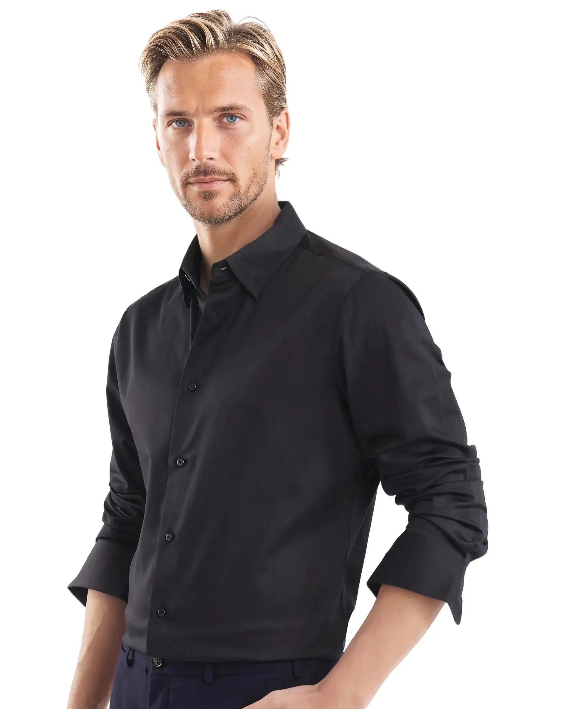 Rare Rabbit Men's Como-25 Black Cotton Blend Plain Regular Fit Full Sleeve Collared Shirt