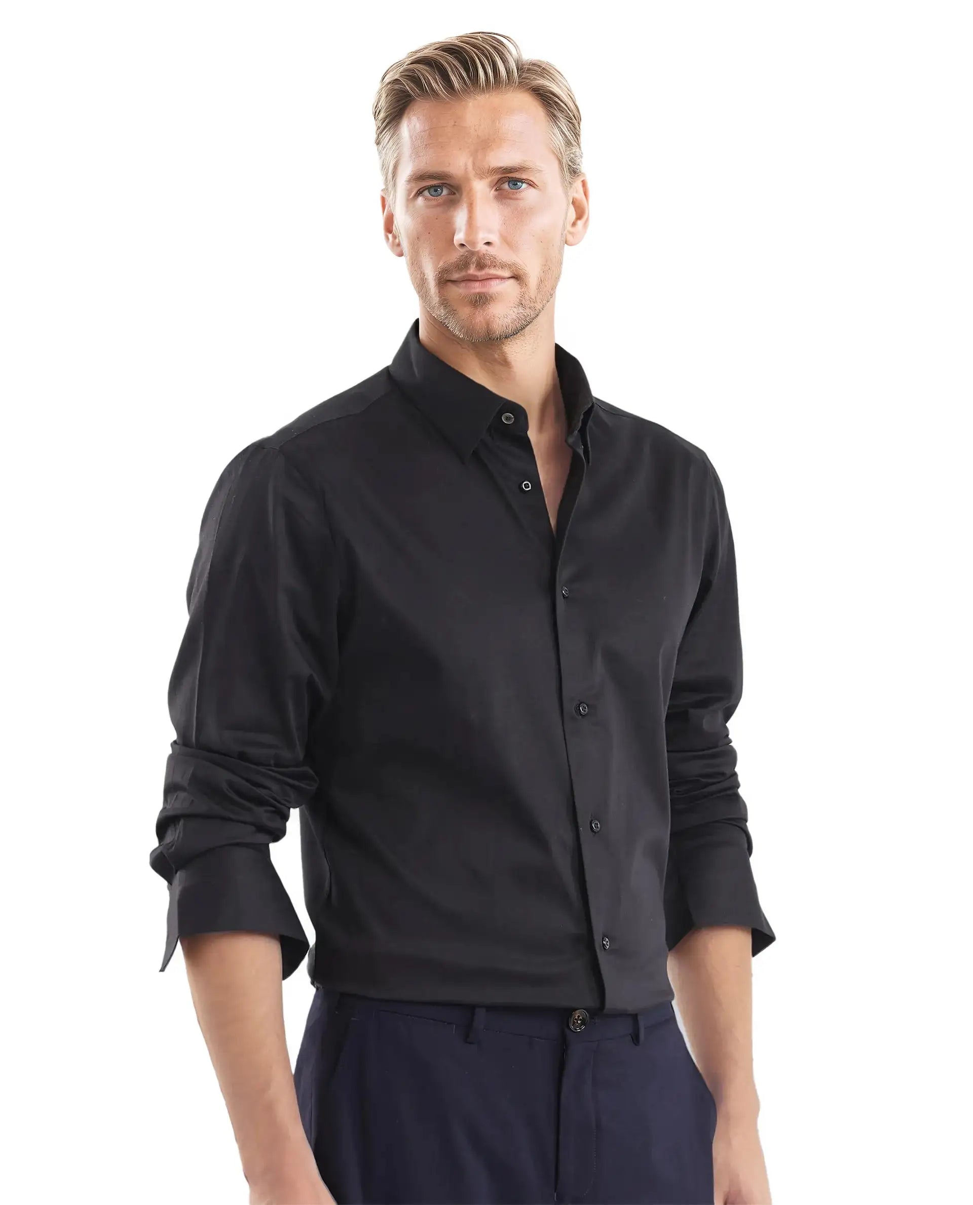 Rare Rabbit Men's Como-25 Black Cotton Blend Plain Regular Fit Full Sleeve Collared Shirt