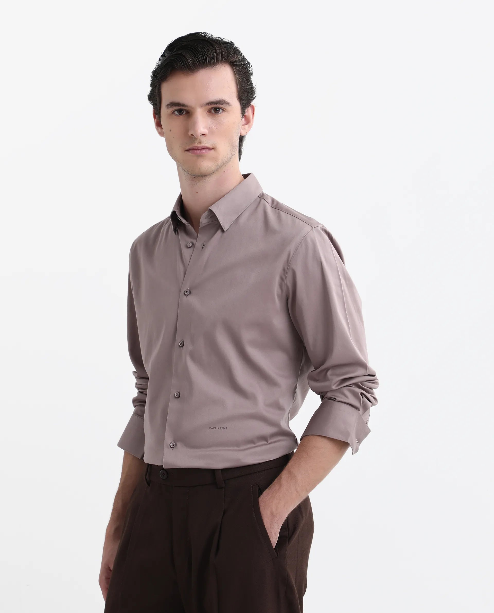 Rare Rabbit Men's Como-26 Dusky Pink Satin Plain Regular Fit Full Sleeve Collared Shirt