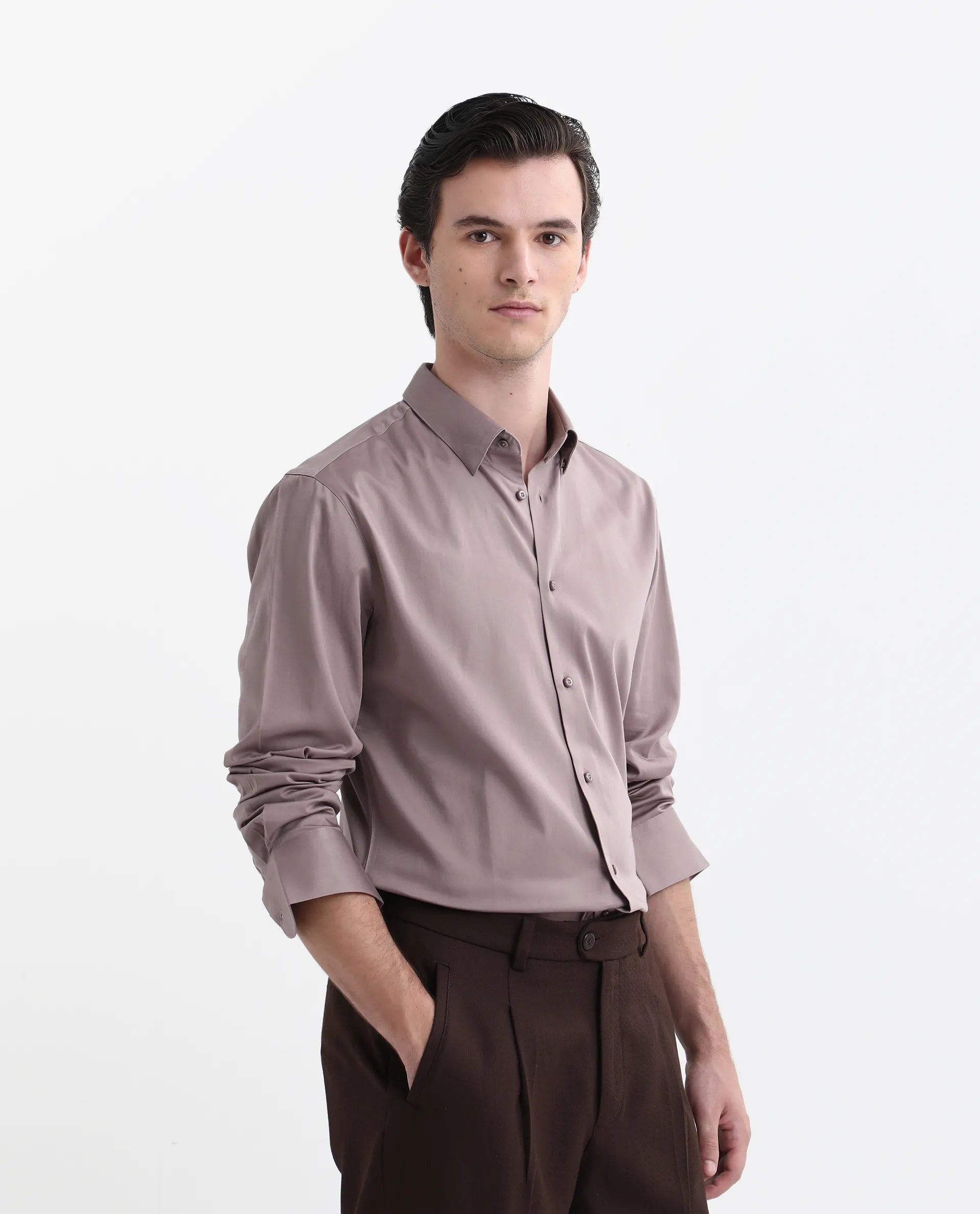 Rare Rabbit Men's Como-26 Dusky Pink Satin Plain Regular Fit Full Sleeve Collared Shirt