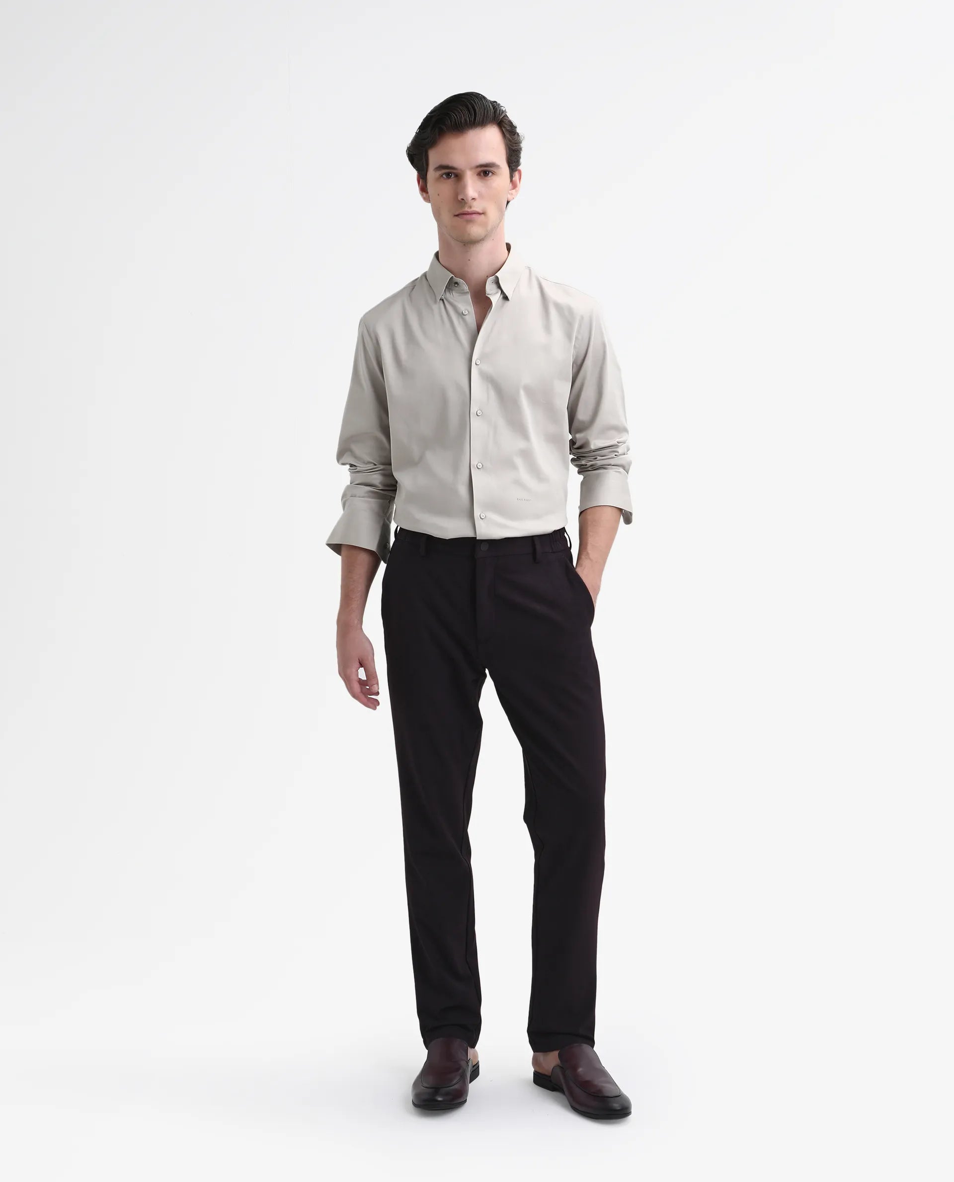 Rare Rabbit Men's Como-26 Light Beige Satin Plain Regular Fit Full Sleeve Collared Shirt