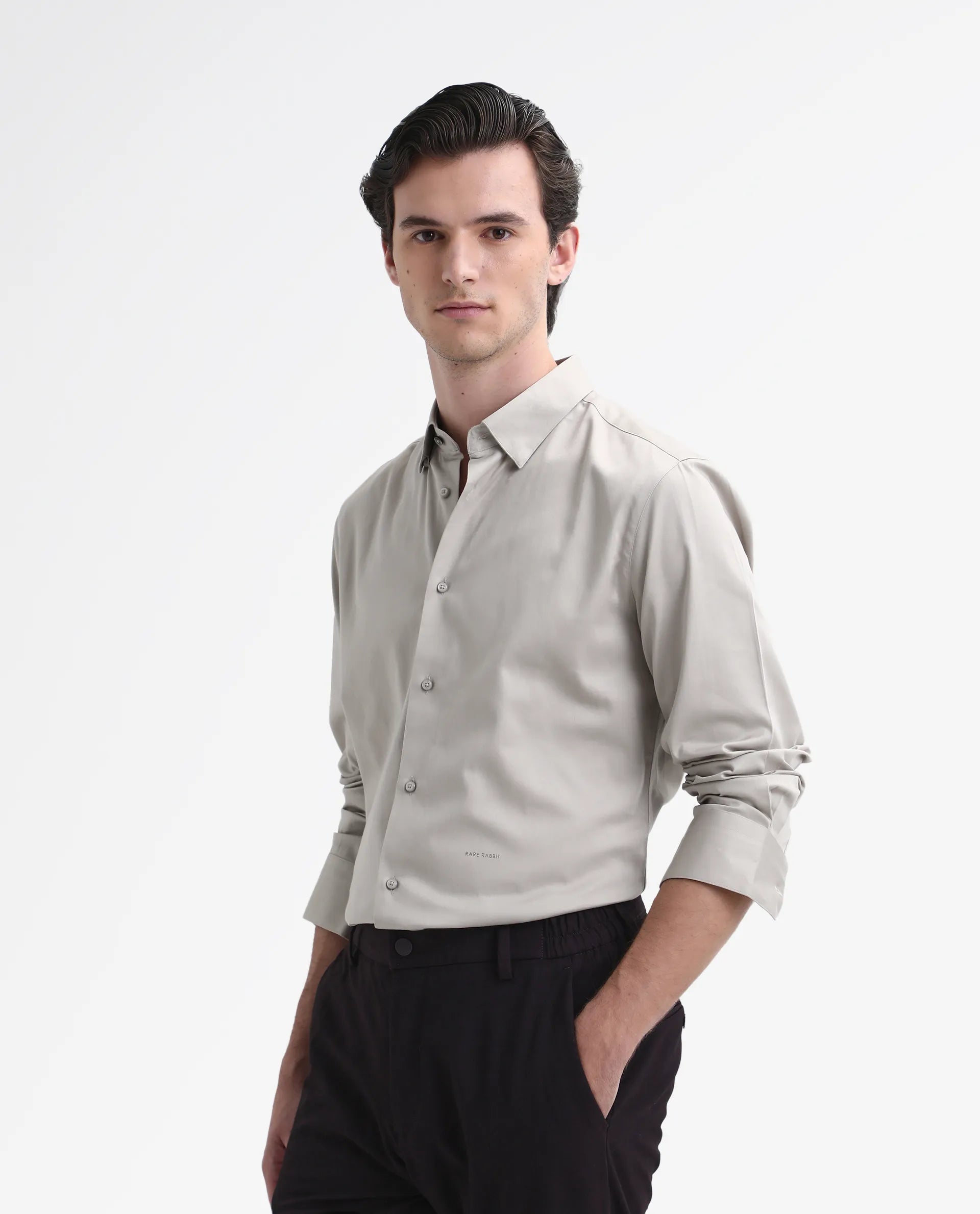 Rare Rabbit Men's Como-26 Light Beige Satin Plain Regular Fit Full Sleeve Collared Shirt