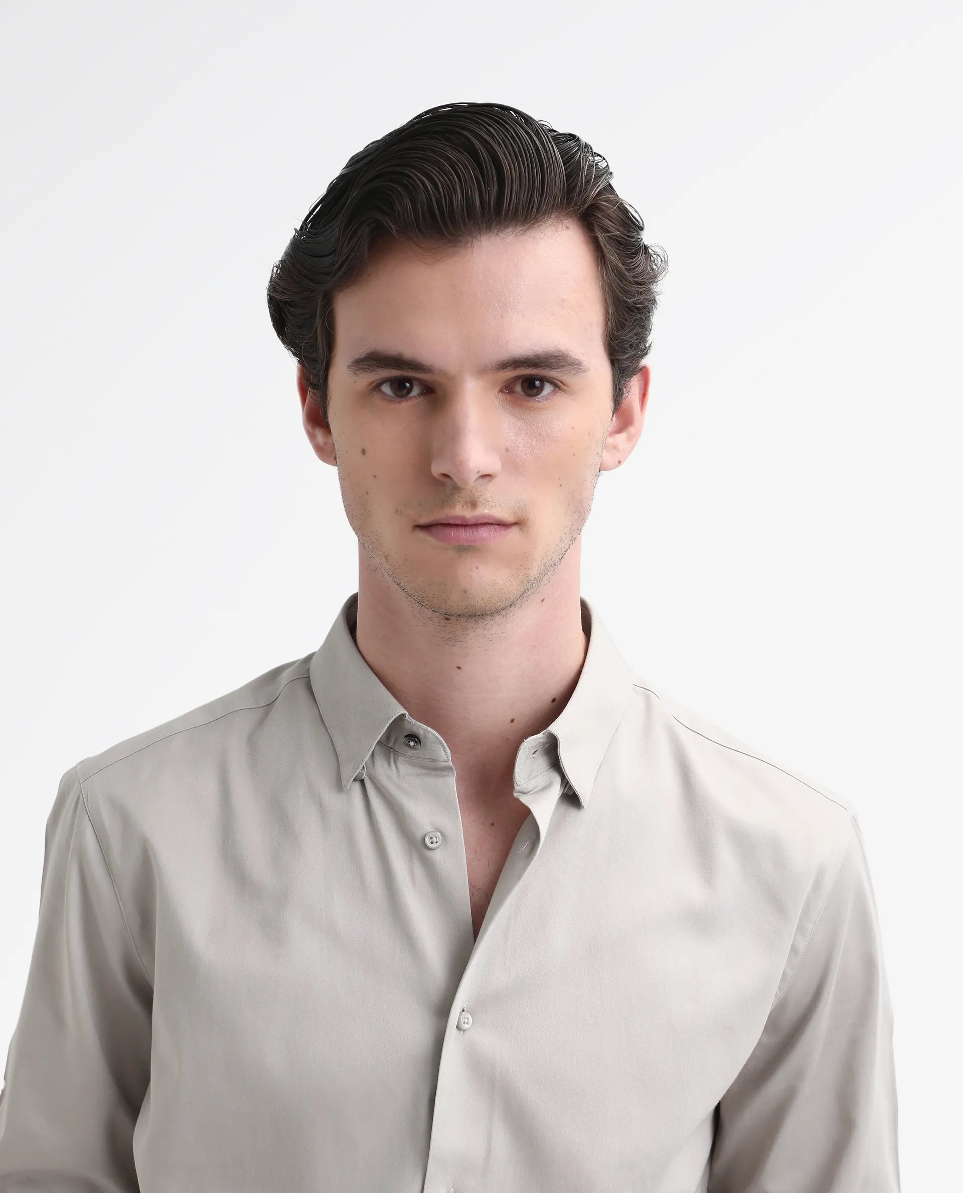 Rare Rabbit Men's Como-26 Light Beige Satin Plain Regular Fit Full Sleeve Collared Shirt