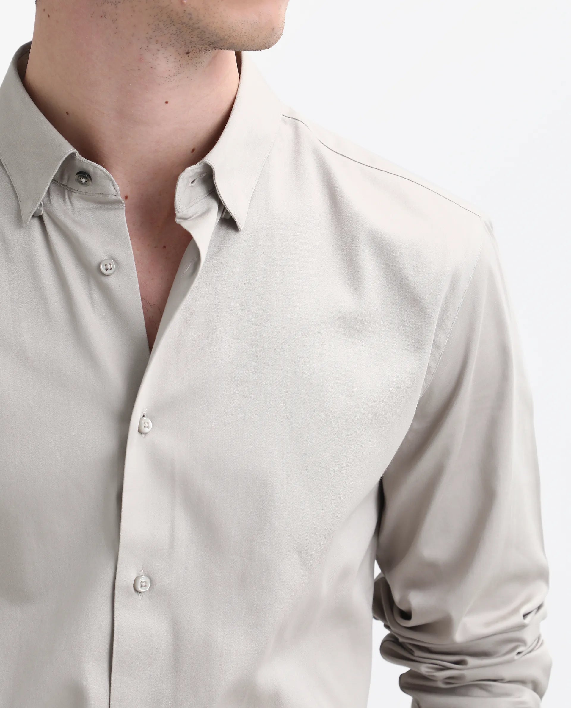 Rare Rabbit Men's Como-26 Light Beige Satin Plain Regular Fit Full Sleeve Collared Shirt