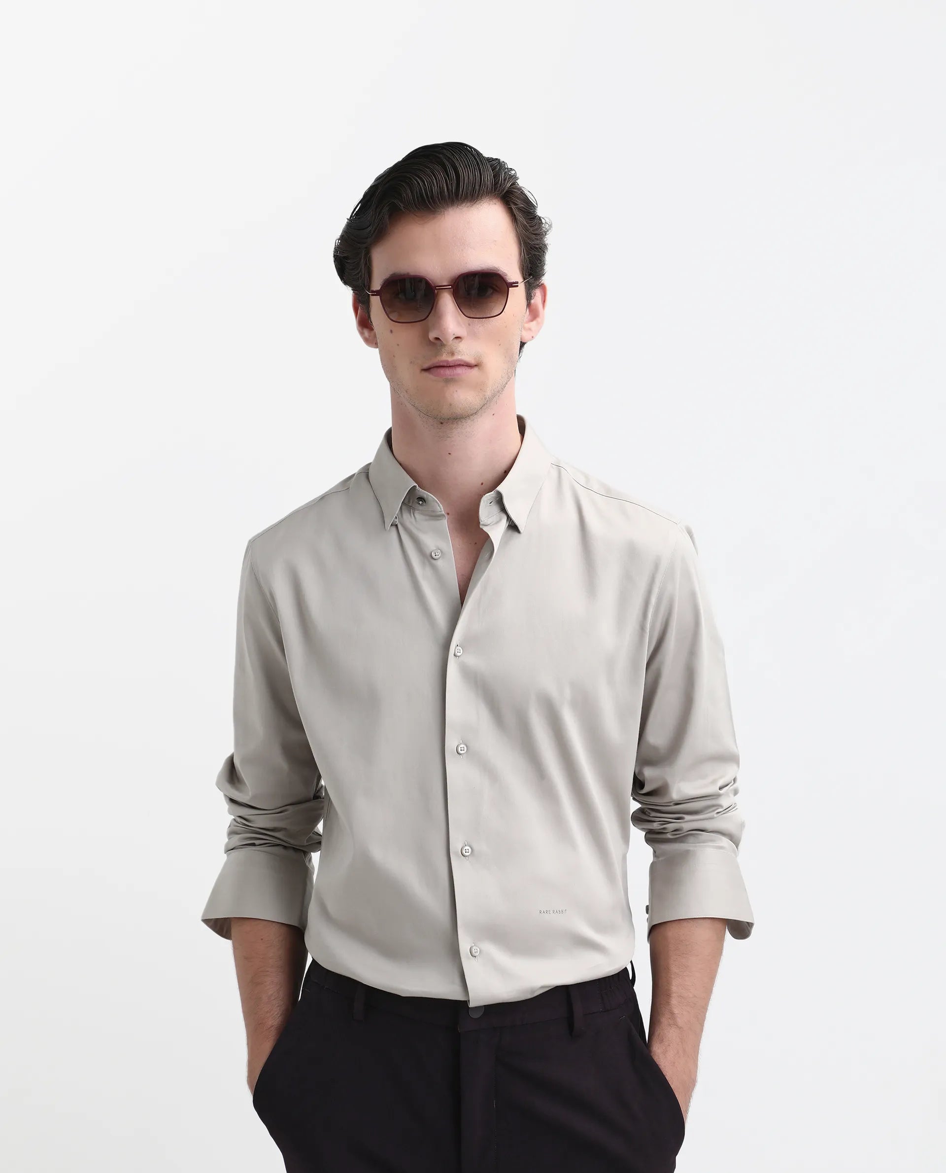 Rare Rabbit Men's Como-26 Light Beige Satin Plain Regular Fit Full Sleeve Collared Shirt