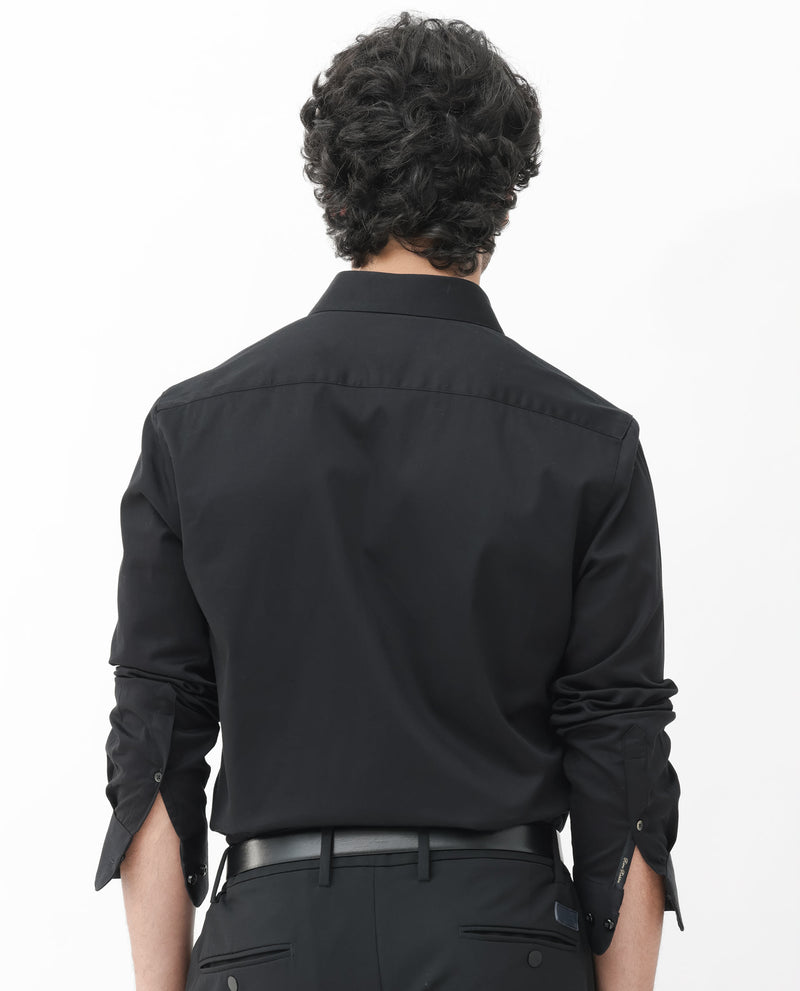 Rare Rabbit Mens Como-4 Black Satin Fabric Full Sleeves Solid Shirt