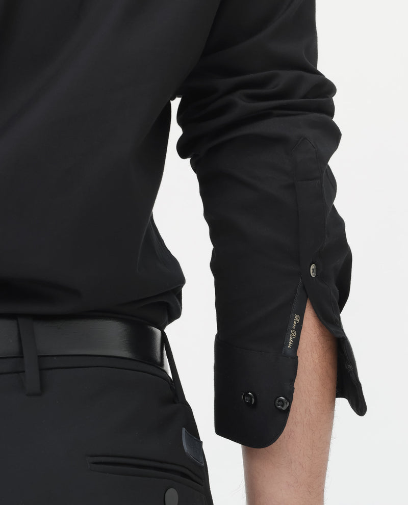 Rare Rabbit Mens Como-4 Black Satin Fabric Full Sleeves Solid Shirt