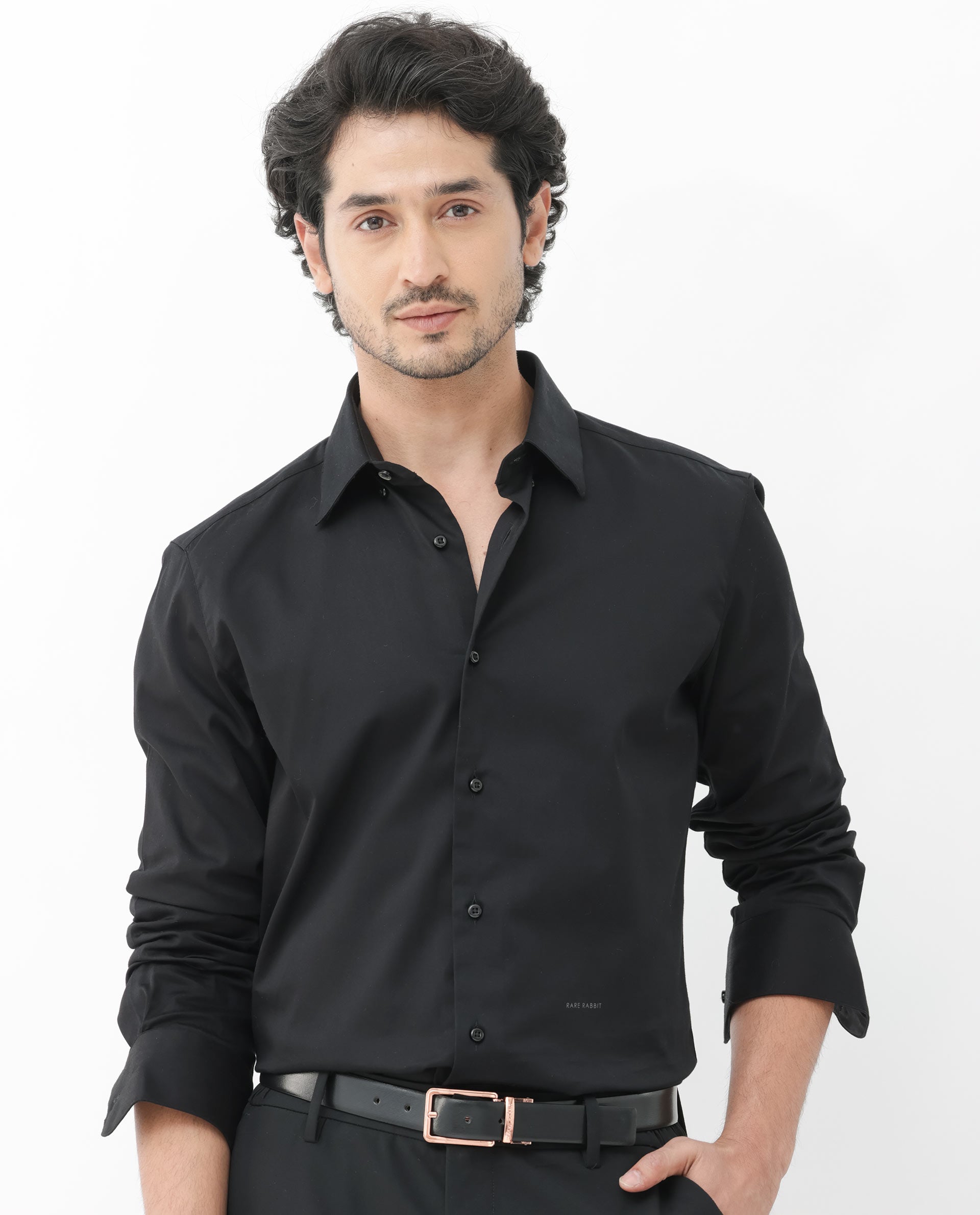 Rare Rabbit Mens Como-4 Black Satin Fabric Full Sleeves Solid Shirt