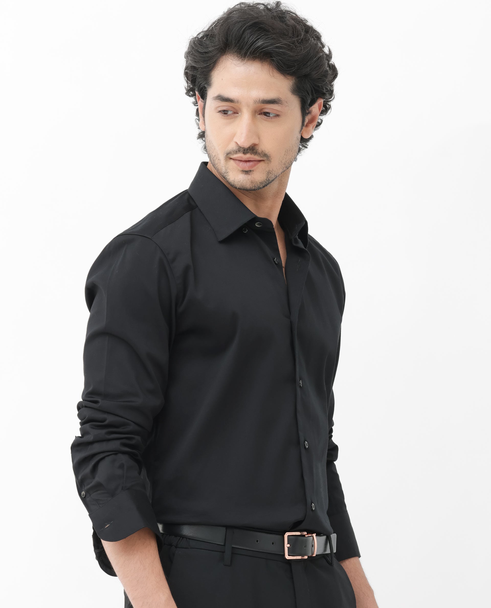 Rare Rabbit Mens Como-4 Black Satin Fabric Full Sleeves Solid Shirt