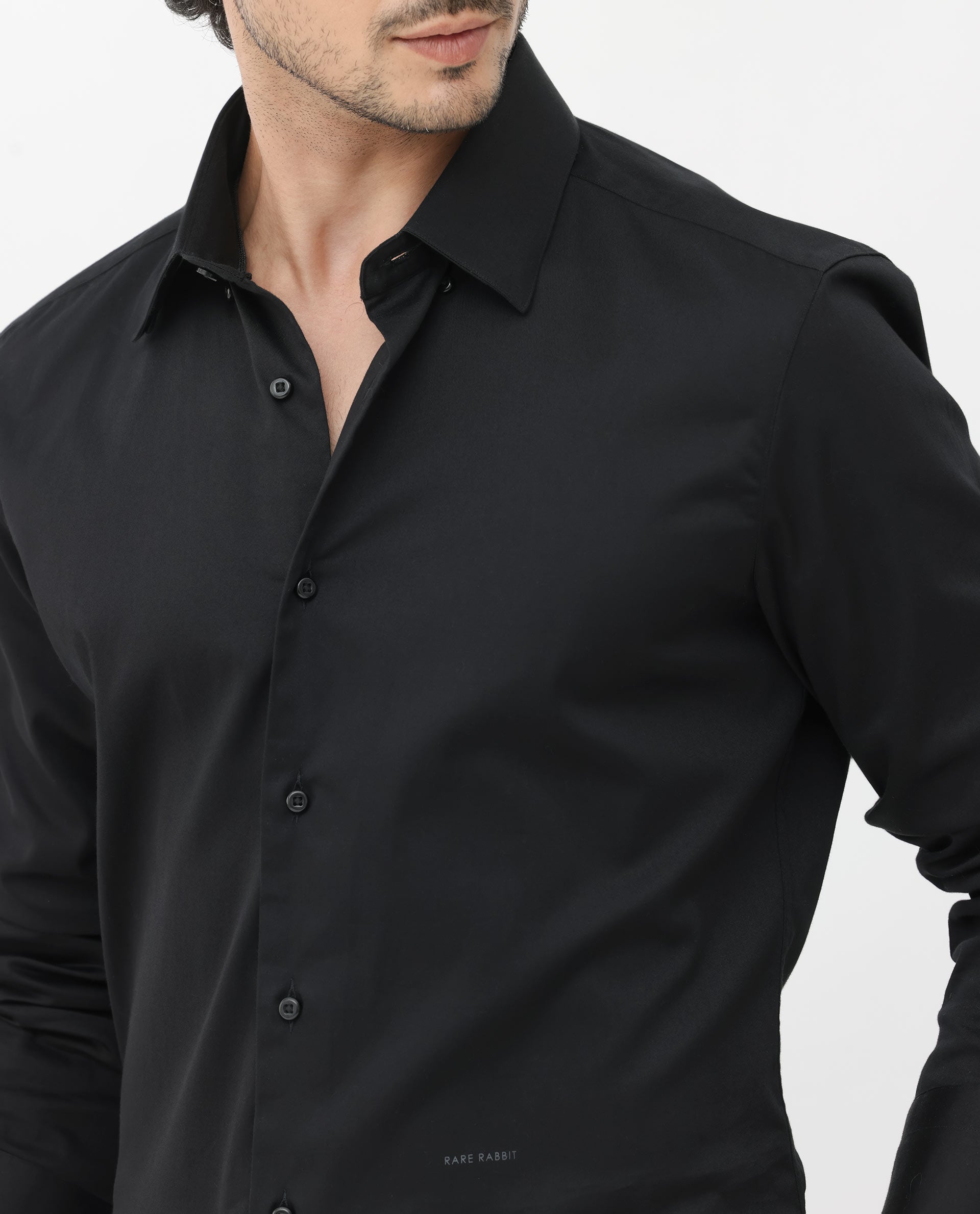 Rare Rabbit Mens Como-4 Black Satin Fabric Full Sleeves Solid Shirt