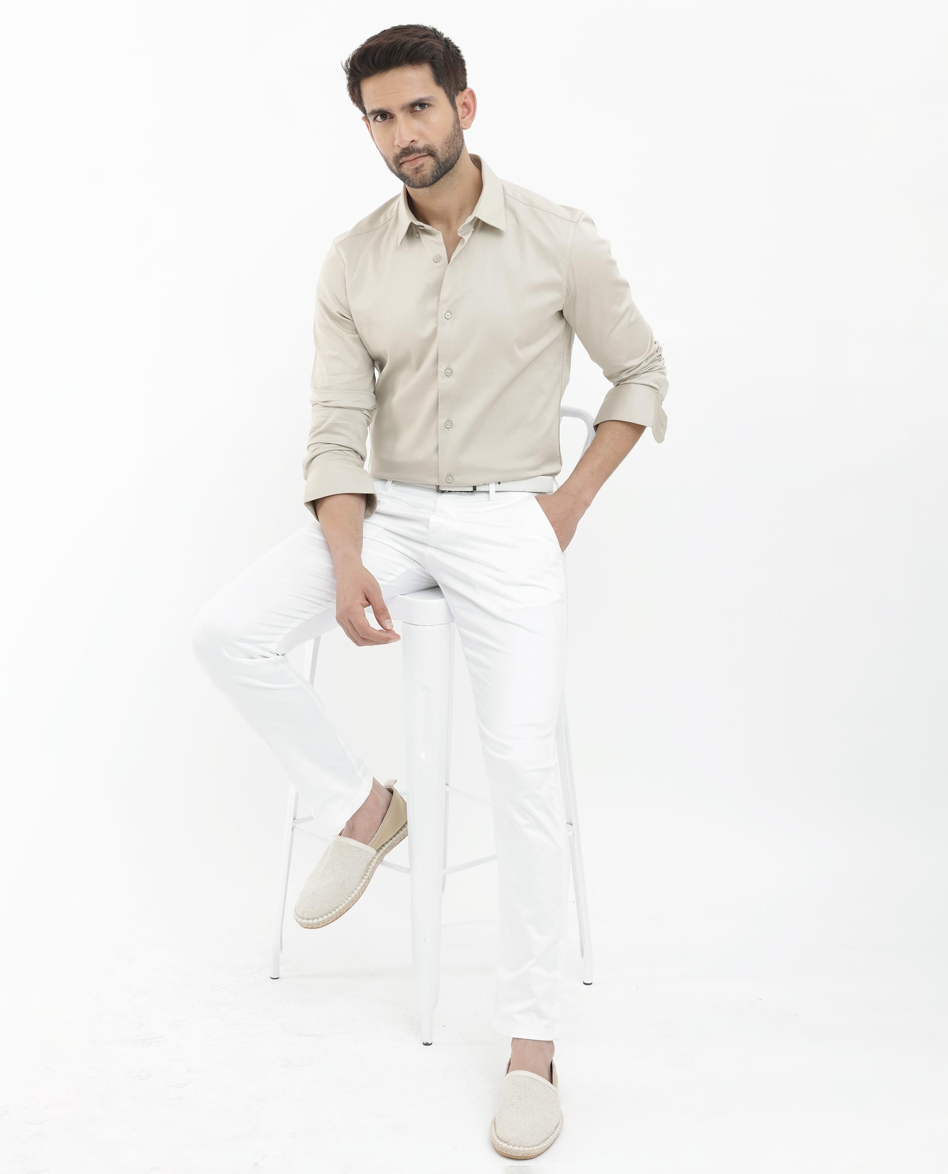 Rare Rabbit Men's Como- 4 Dusky Beige Satin Fabric Full Sleeves Solid Shirt