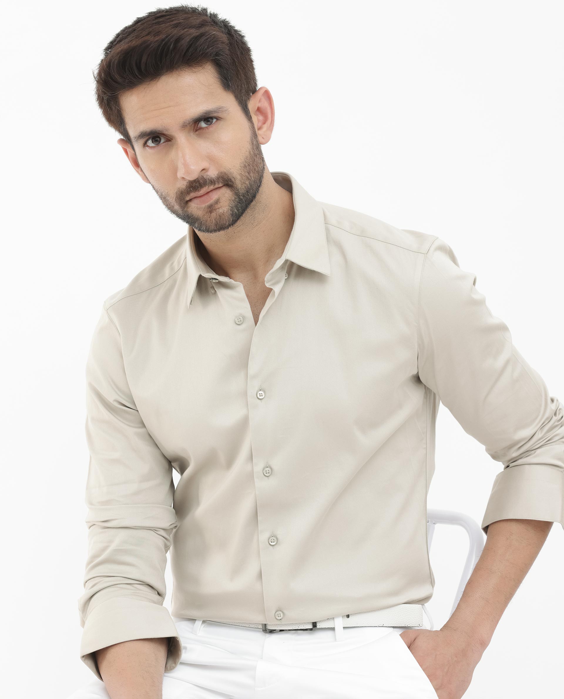 Rare Rabbit Men's Como- 4 Dusky Beige Satin Fabric Full Sleeves Solid Shirt