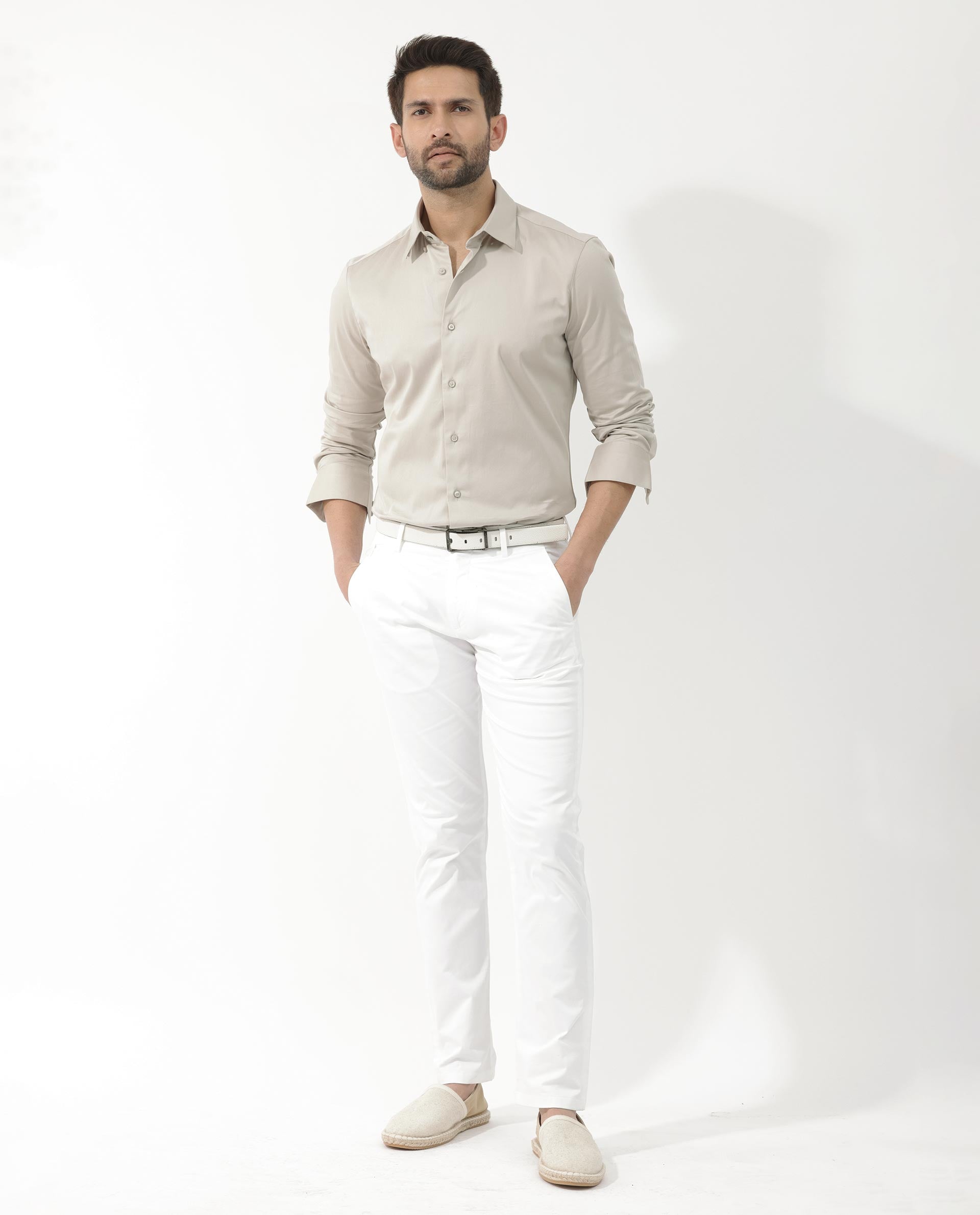 Rare Rabbit Men's Como- 4 Dusky Beige Satin Fabric Full Sleeves Solid Shirt