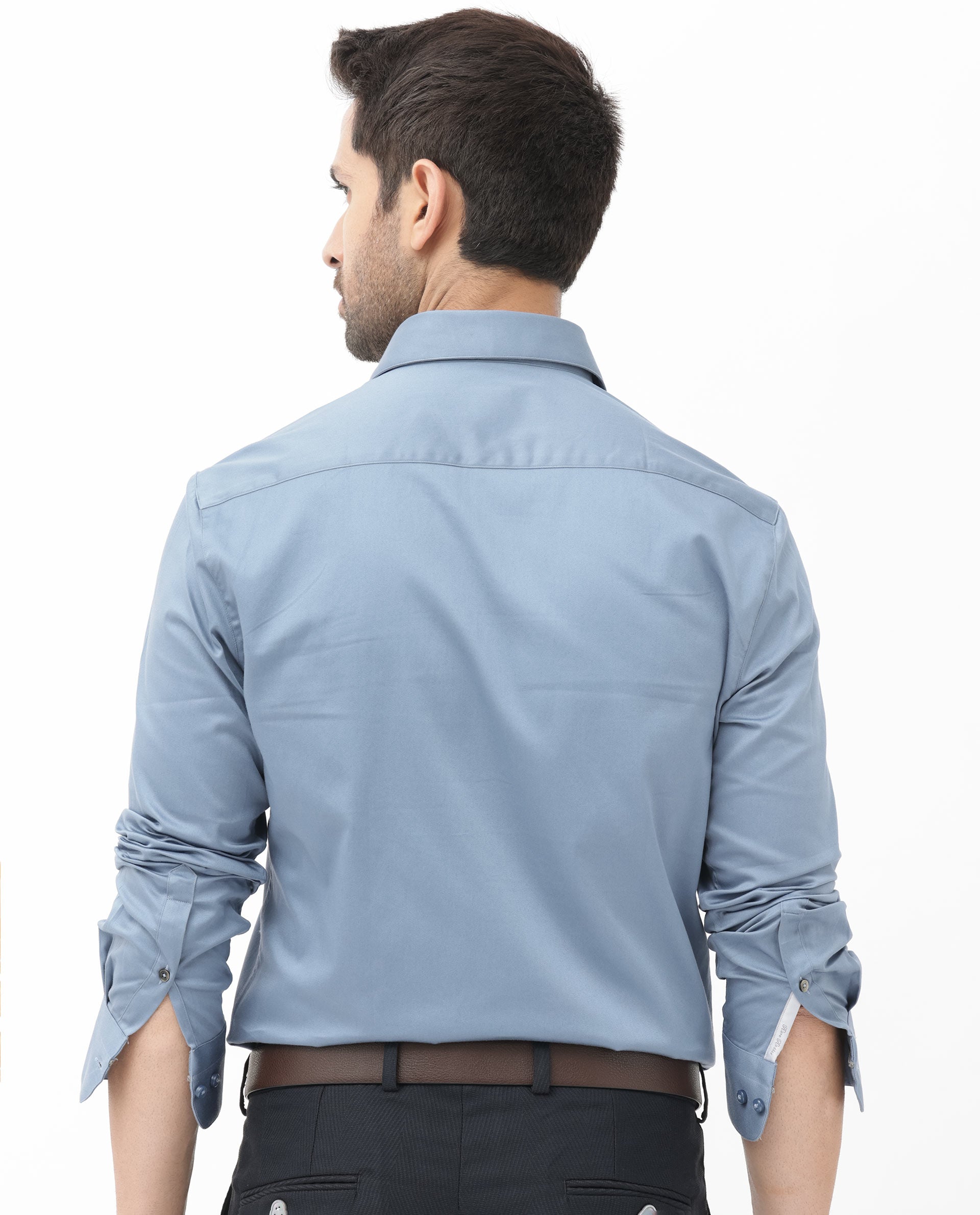 Rare Rabbit Men's Como- 4 Dusky Blue Satin Fabric Full Sleeves Solid Shirt