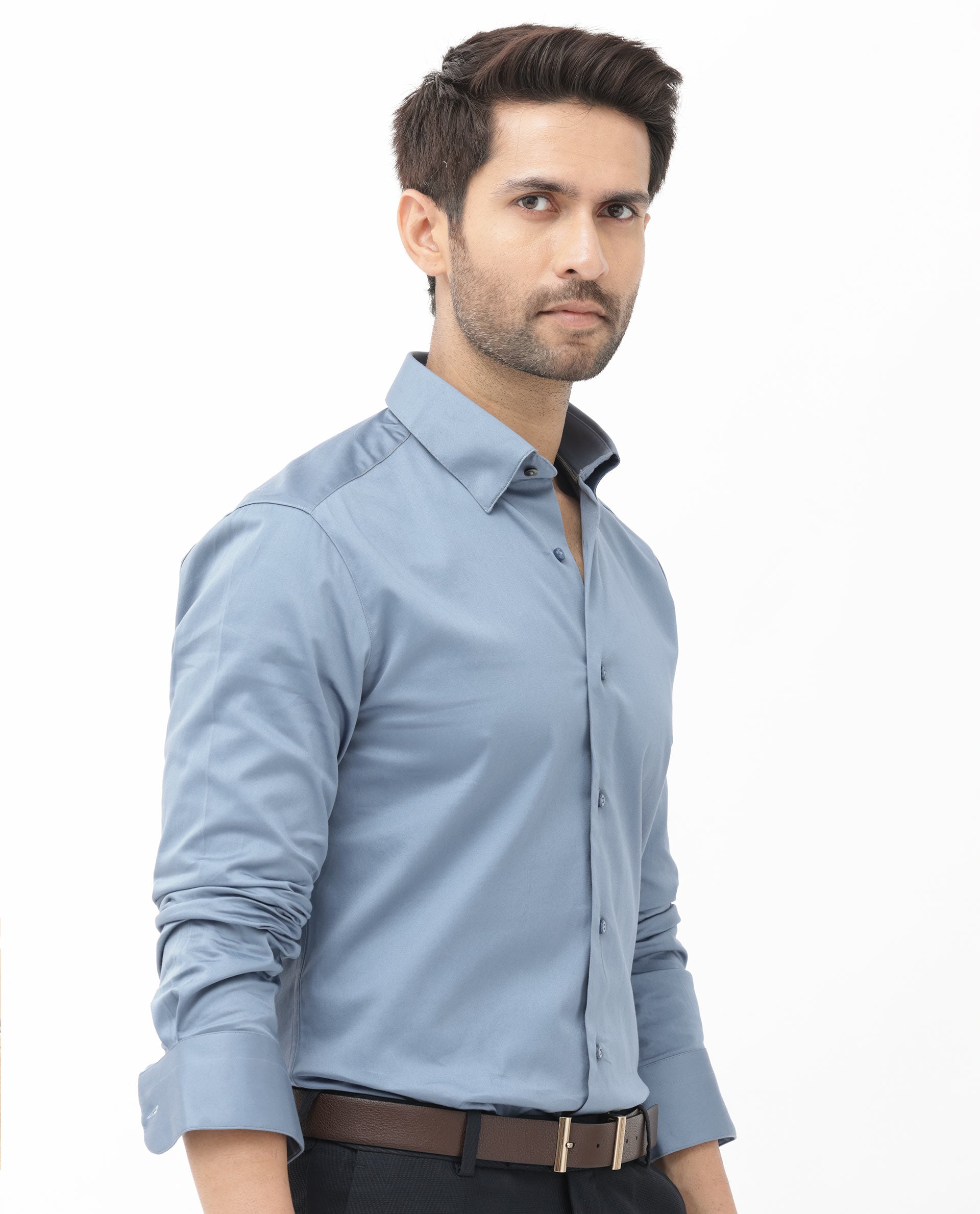 Rare Rabbit Men's Como- 4 Dusky Blue Satin Fabric Full Sleeves Solid Shirt