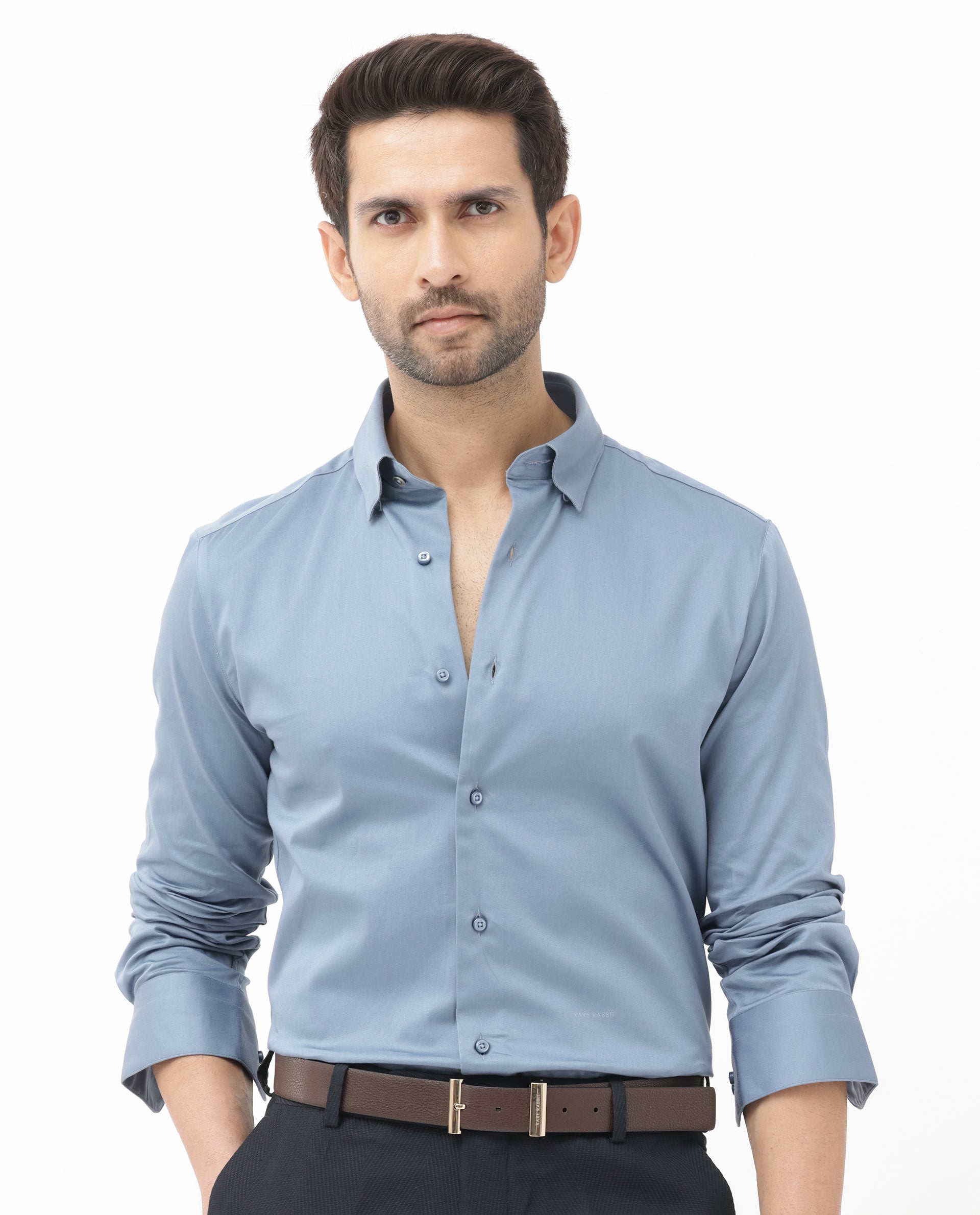 Rare Rabbit Men's Como- 4 Dusky Blue Satin Fabric Full Sleeves Solid Shirt