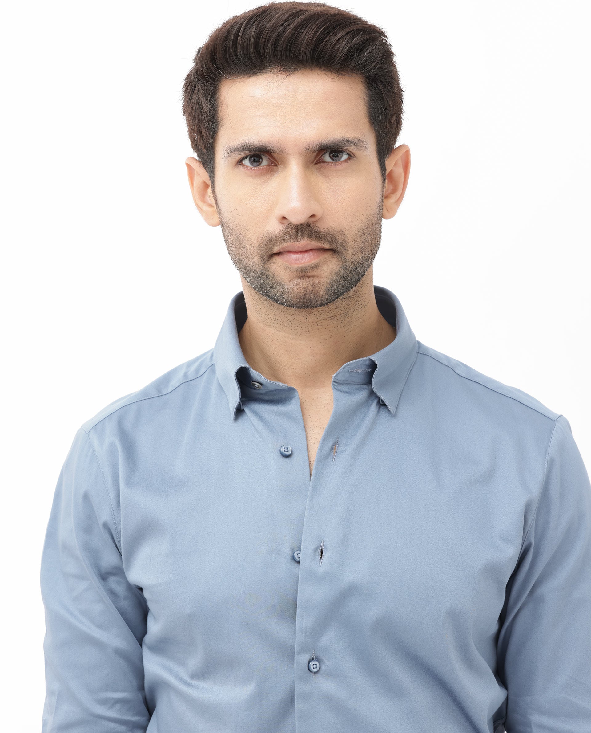 Rare Rabbit Men's Como- 4 Dusky Blue Satin Fabric Full Sleeves Solid Shirt