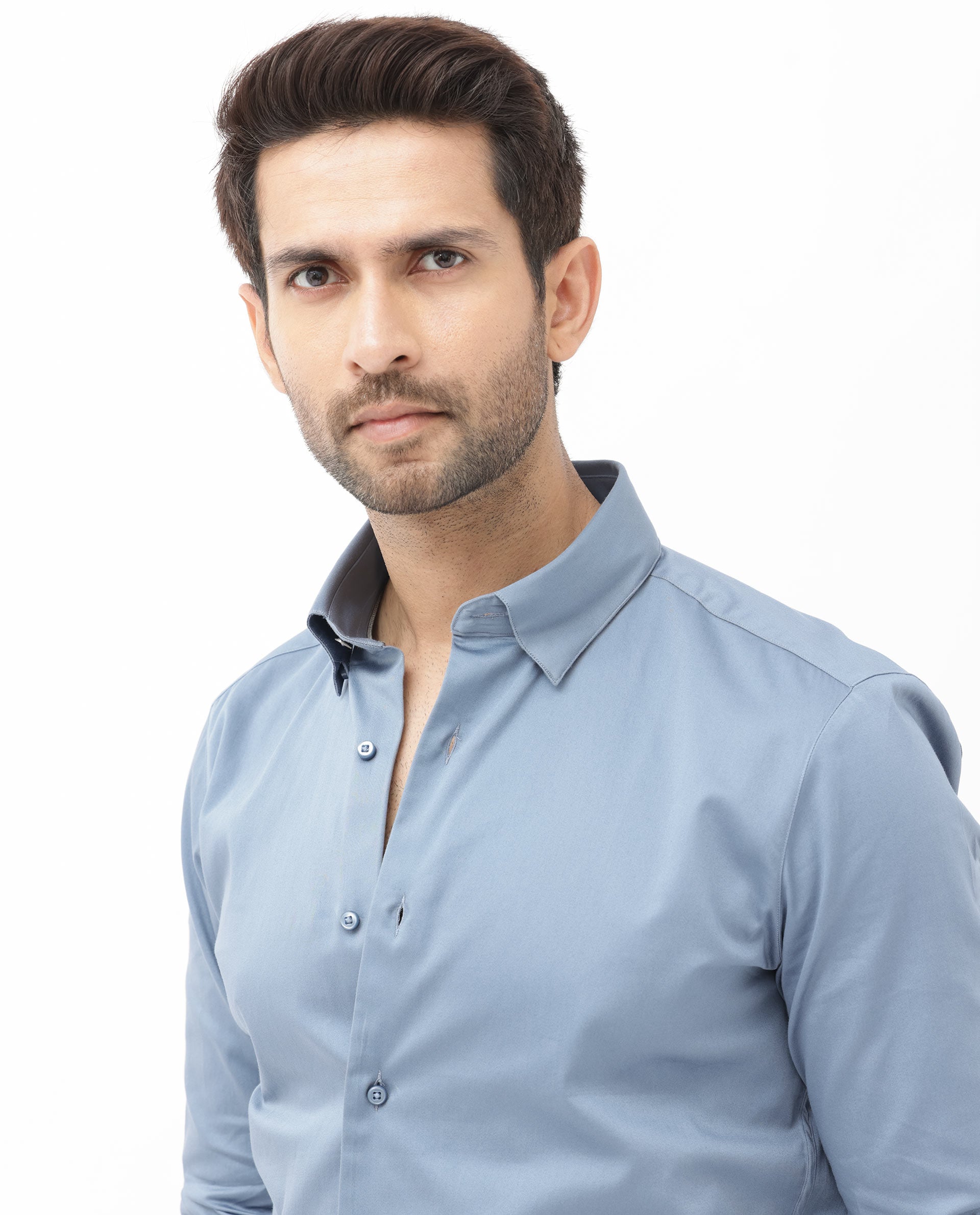 Rare Rabbit Men's Como- 4 Dusky Blue Satin Fabric Full Sleeves Solid Shirt