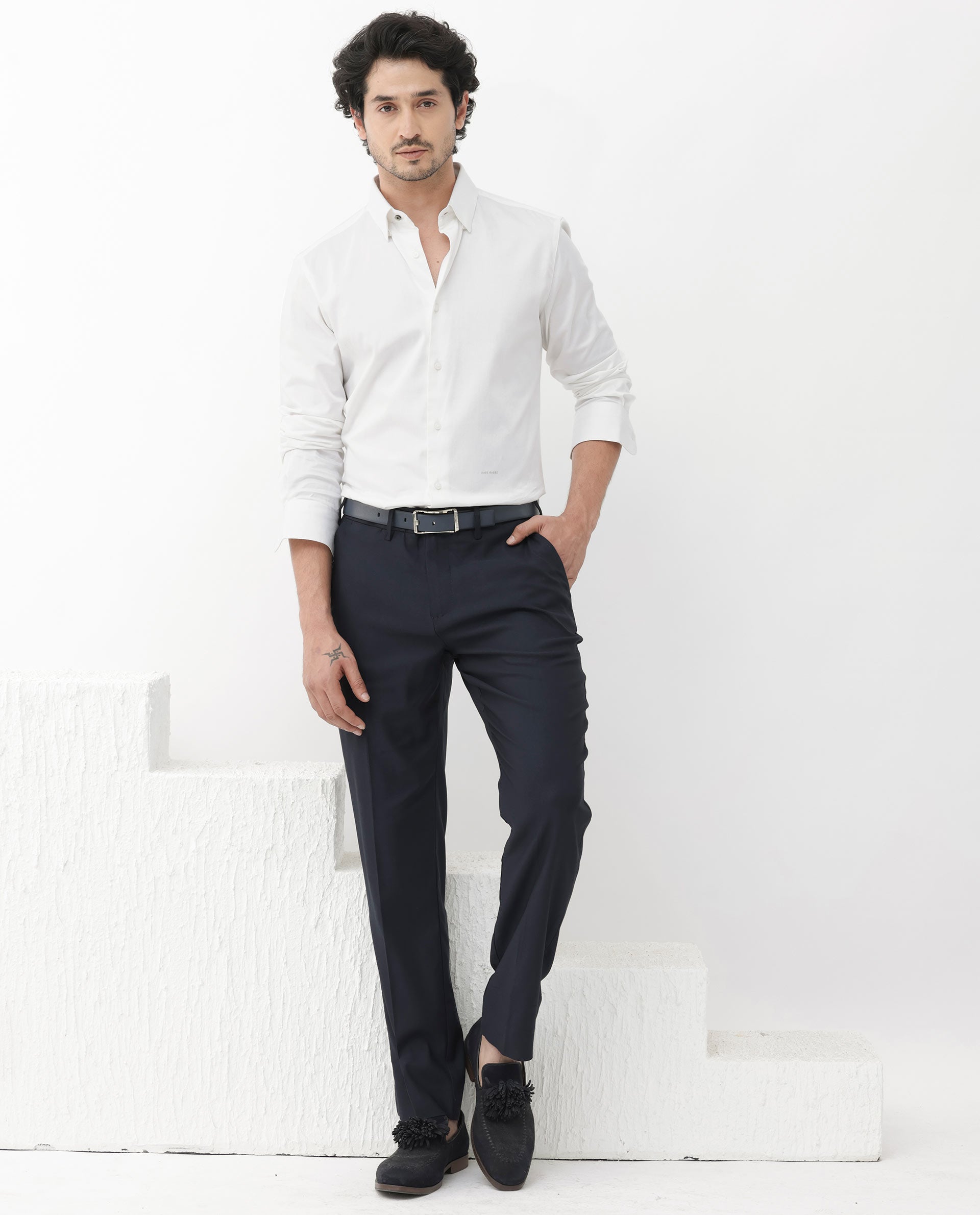 Rare Rabbit Mens Como-4 White Satin Fabric Full Sleeves Solid Shirt