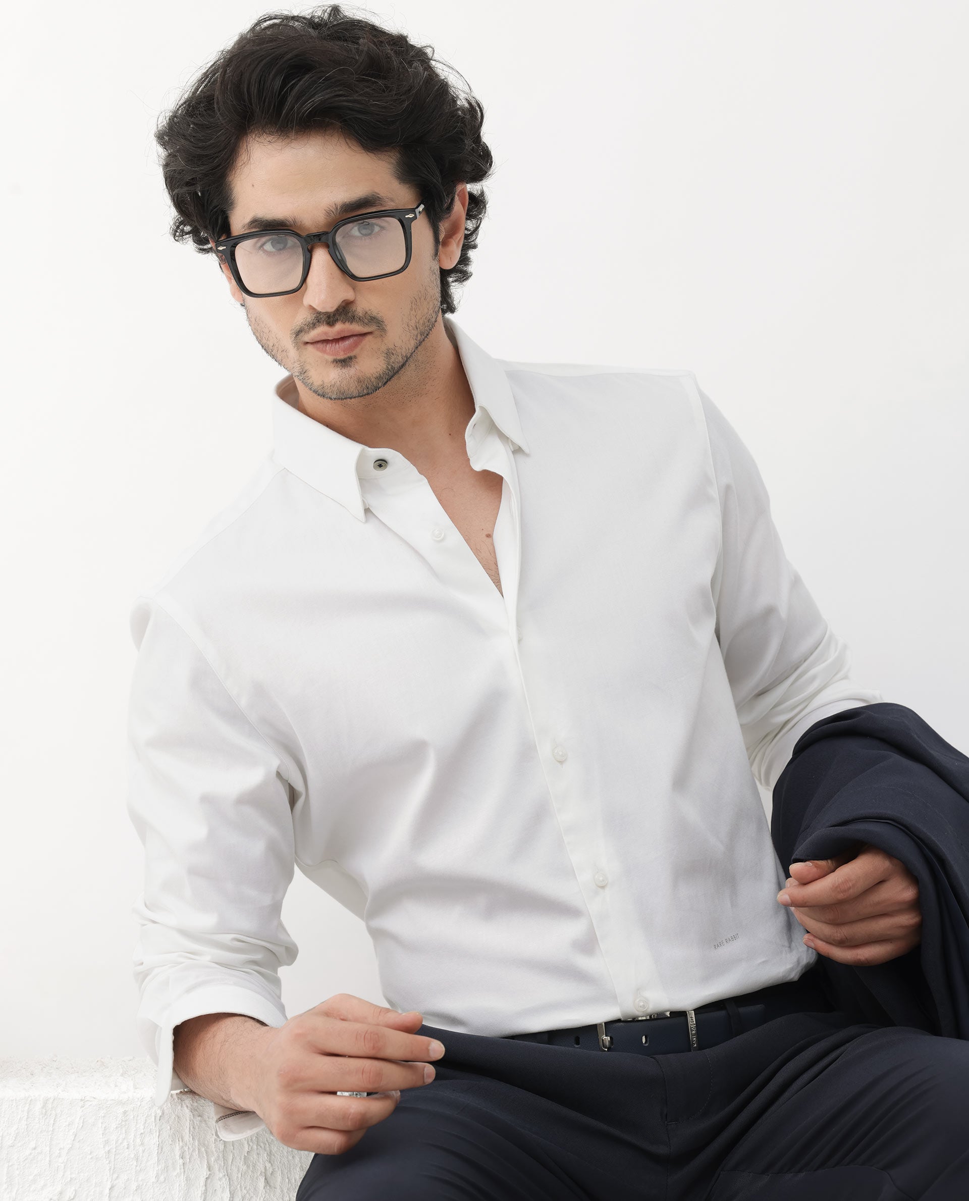 Rare Rabbit Mens Como-4 White Satin Fabric Full Sleeves Solid Shirt