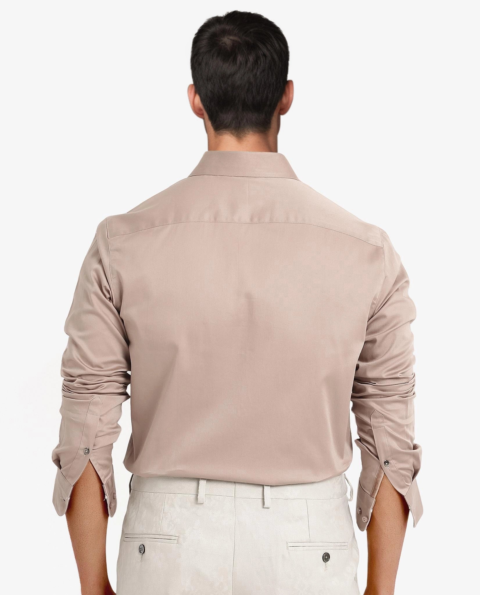 Rare Rabbit Men Como-5 Dusky Peach Cotton Lycra Fabric Full Sleeve Regular Fit Plain Satin Shirt