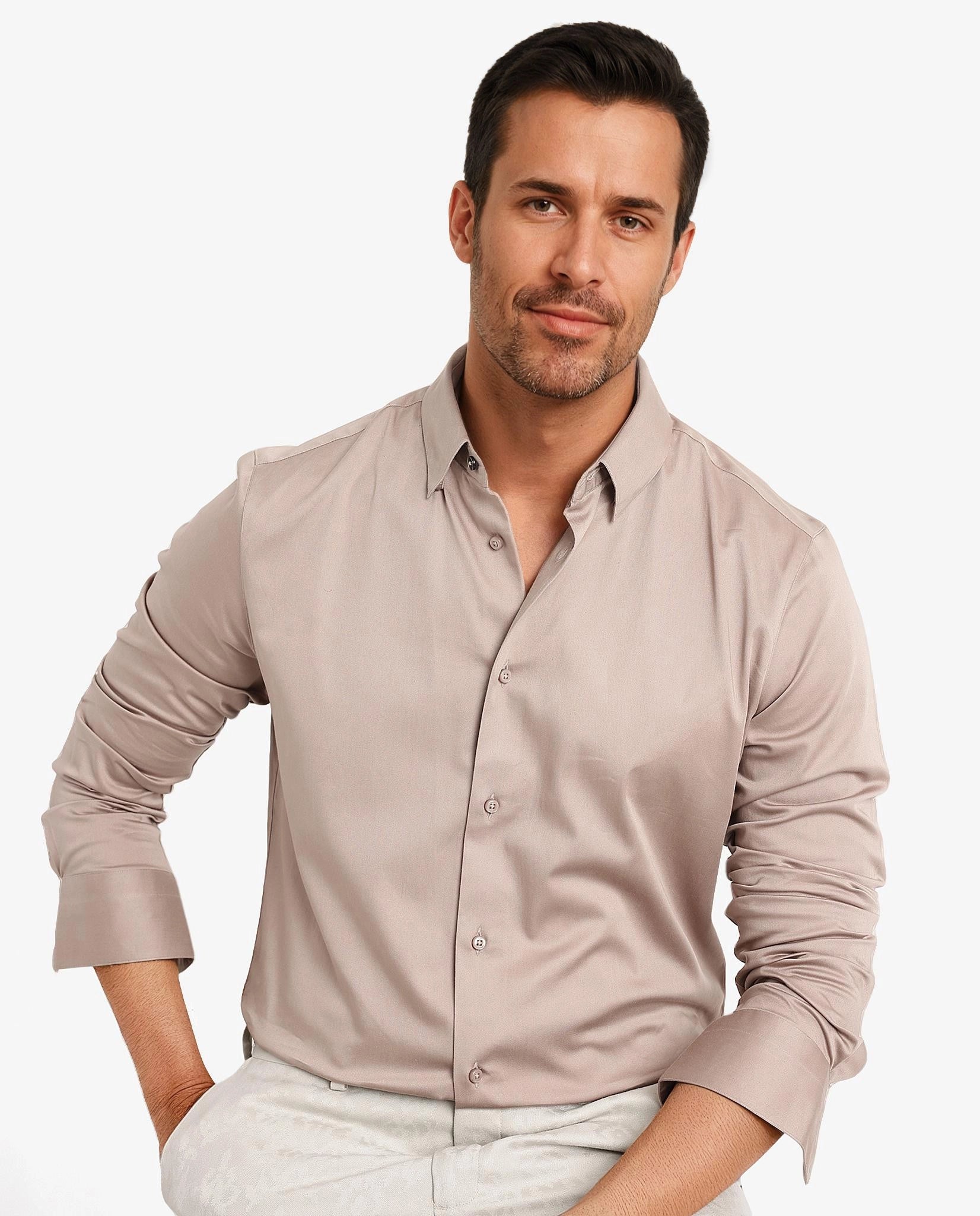 Rare Rabbit Men Como-5 Dusky Peach Cotton Lycra Fabric Full Sleeve Regular Fit Plain Satin Shirt