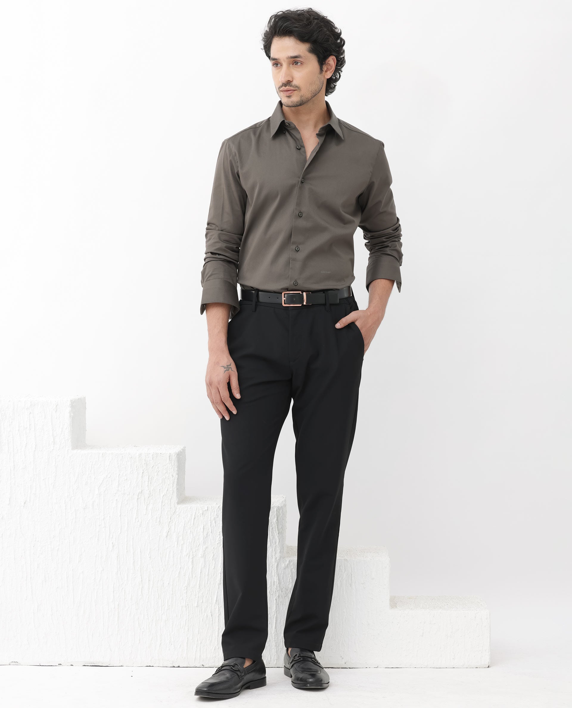 Rare Rabbit Mens Como-4 Dusky Olive Satin Fabric Full Sleeves Solid Shirt