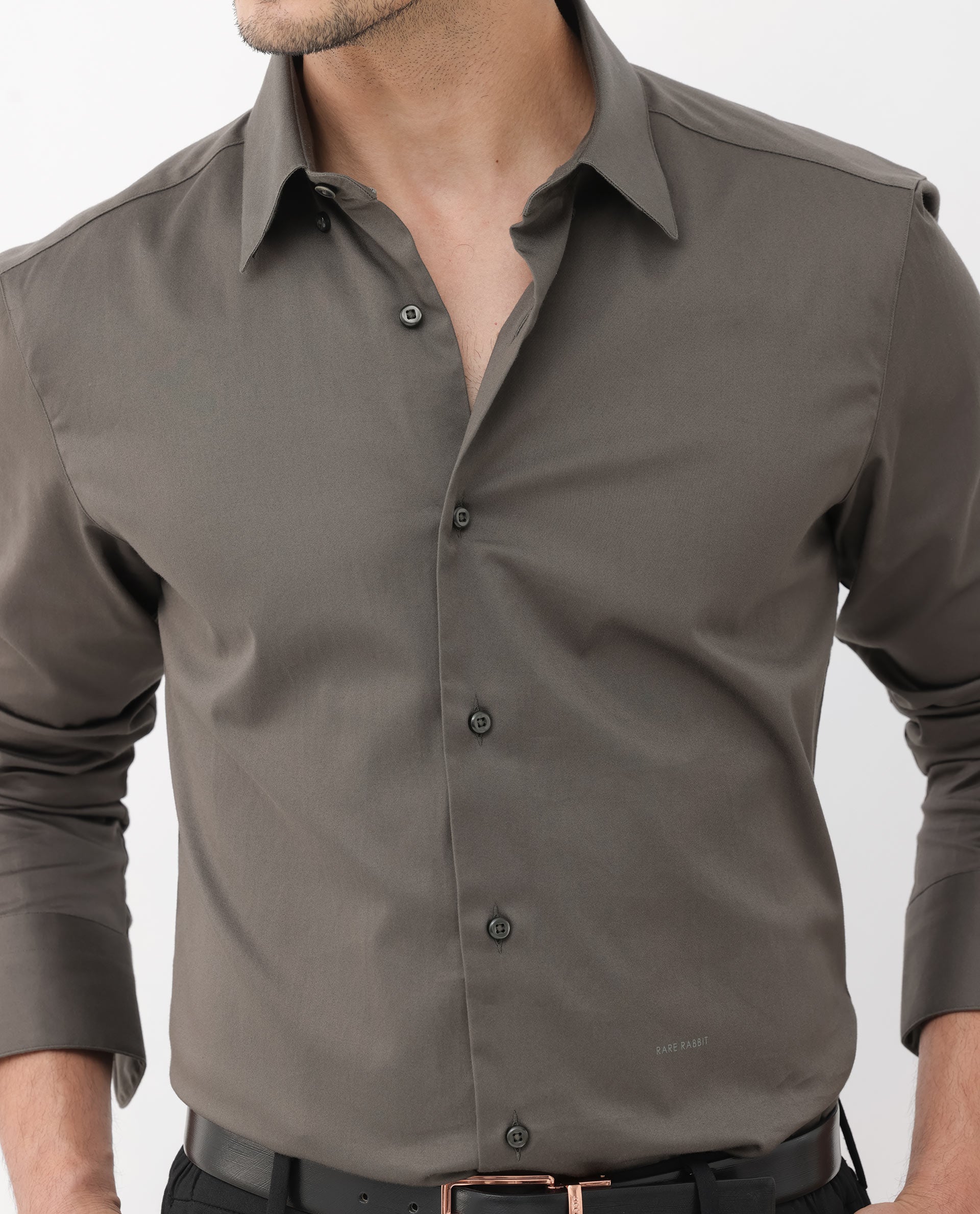 Rare Rabbit Mens Como-4 Dusky Olive Satin Fabric Full Sleeves Solid Shirt