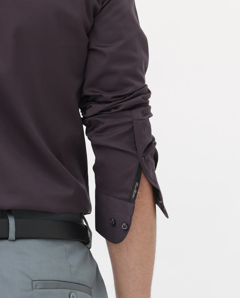 Rare Rabbit Mens Como-4 Dark Purple Satin Fabric Full Sleeves Solid Shirt