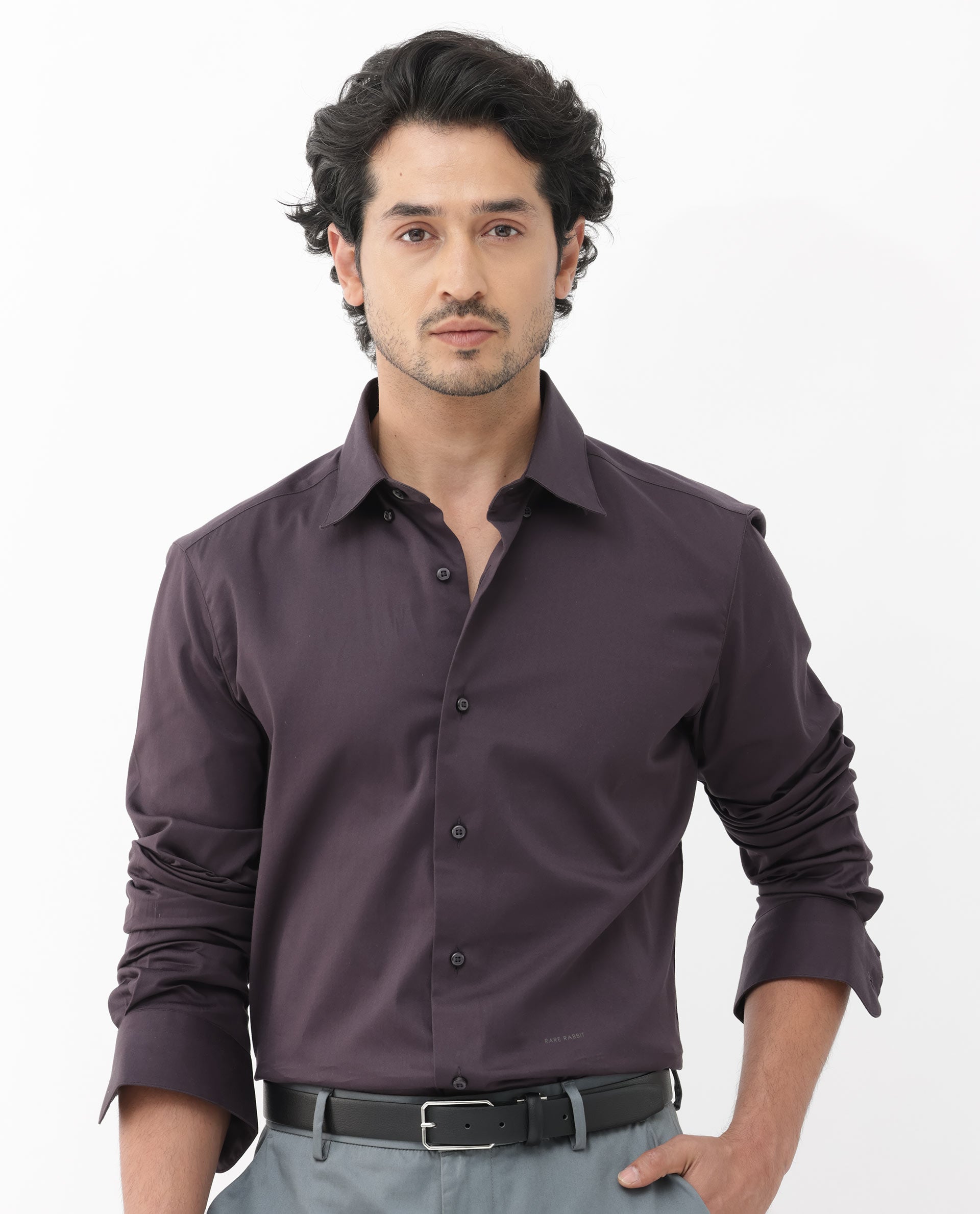 Rare Rabbit Mens Como-4 Dark Purple Satin Fabric Full Sleeves Solid Shirt