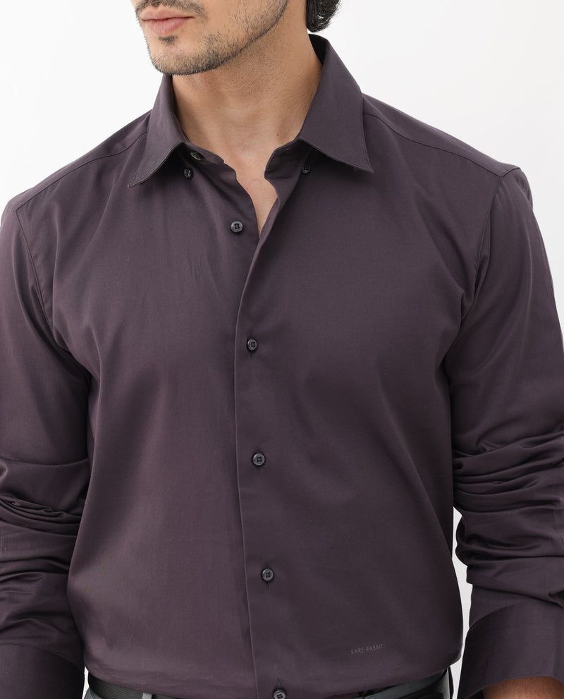 Rare Rabbit Mens Como-4 Dark Purple Satin Fabric Full Sleeves Solid Shirt