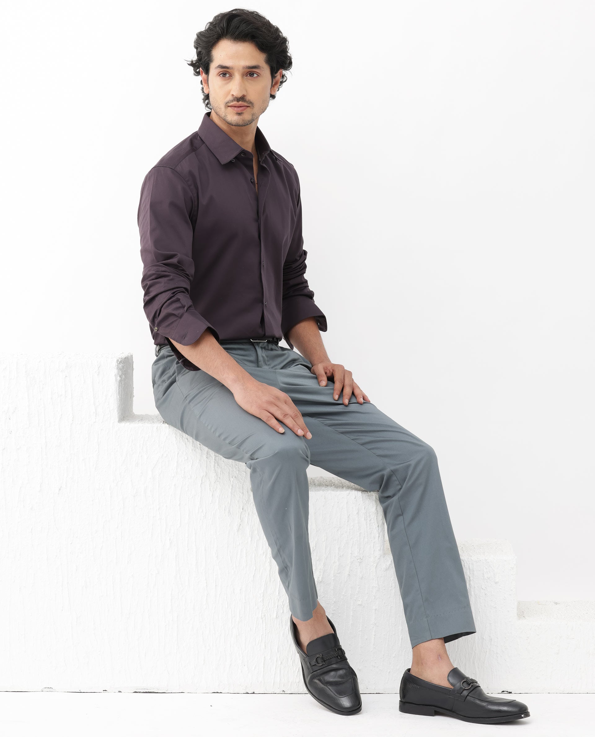 Rare Rabbit Mens Como-4 Dark Purple Satin Fabric Full Sleeves Solid Shirt