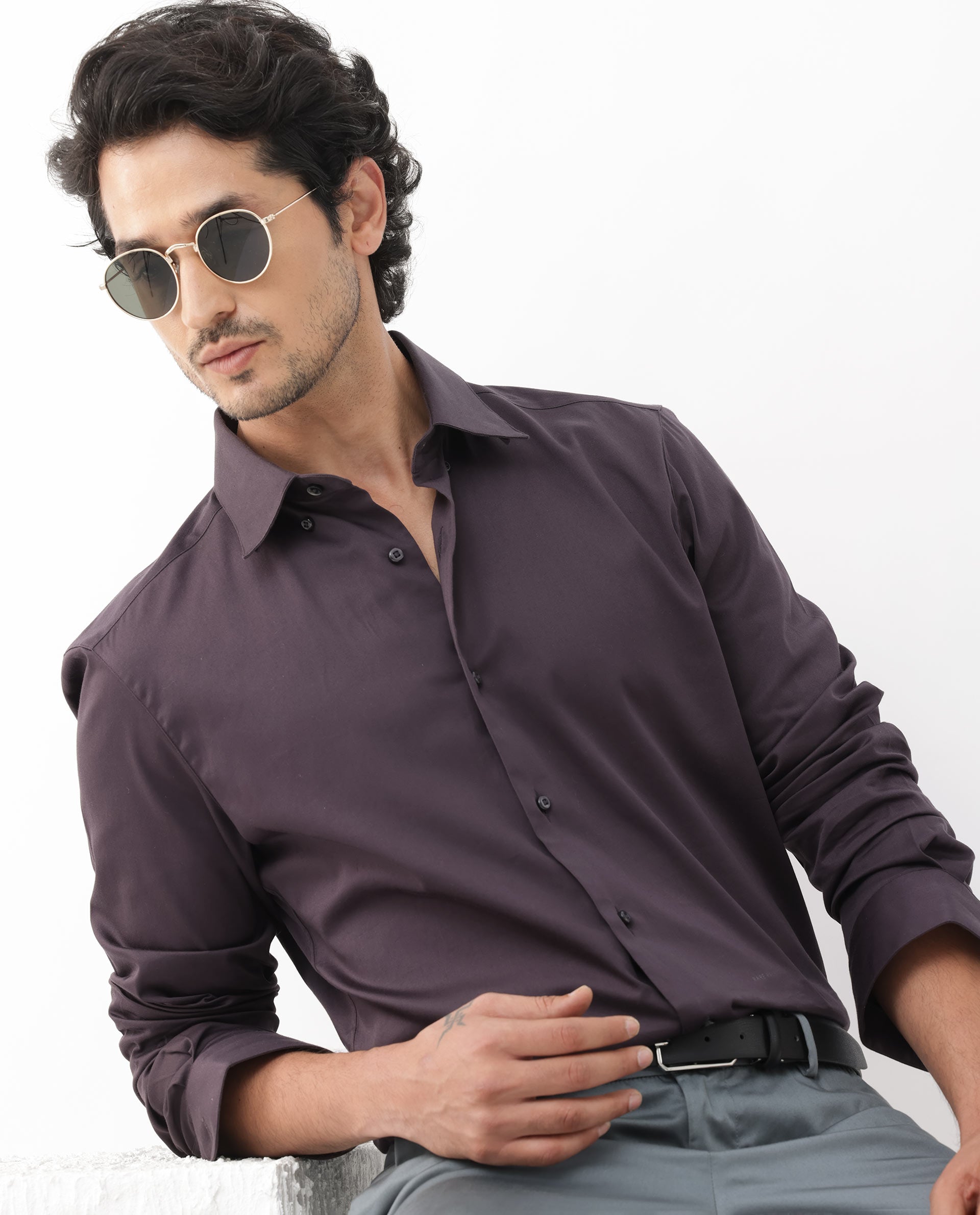 Rare Rabbit Mens Como-4 Dark Purple Satin Fabric Full Sleeves Solid Shirt