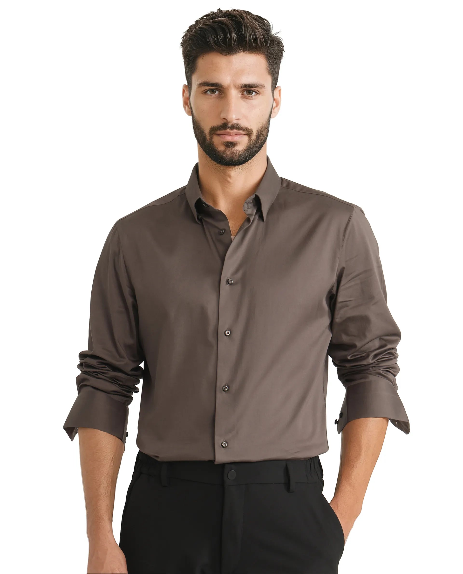 Rare Rabbit Men Como-25 Dusky Olive Cotton Blend Fabric Full Sleeves Collared Neck Button Closure Plain Shirt