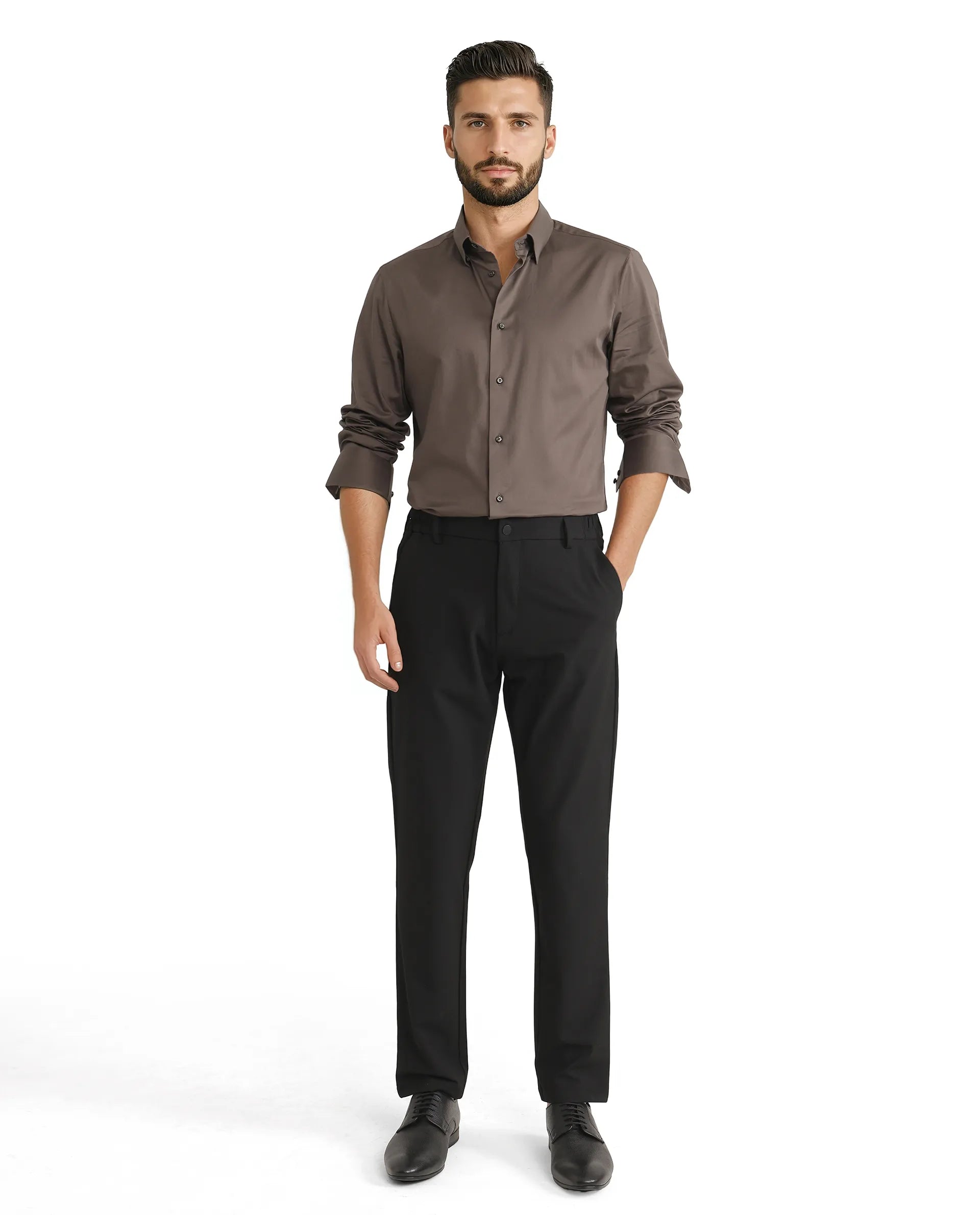 Rare Rabbit Men Como-25 Dusky Olive Cotton Blend Fabric Full Sleeves Collared Neck Button Closure Plain Shirt