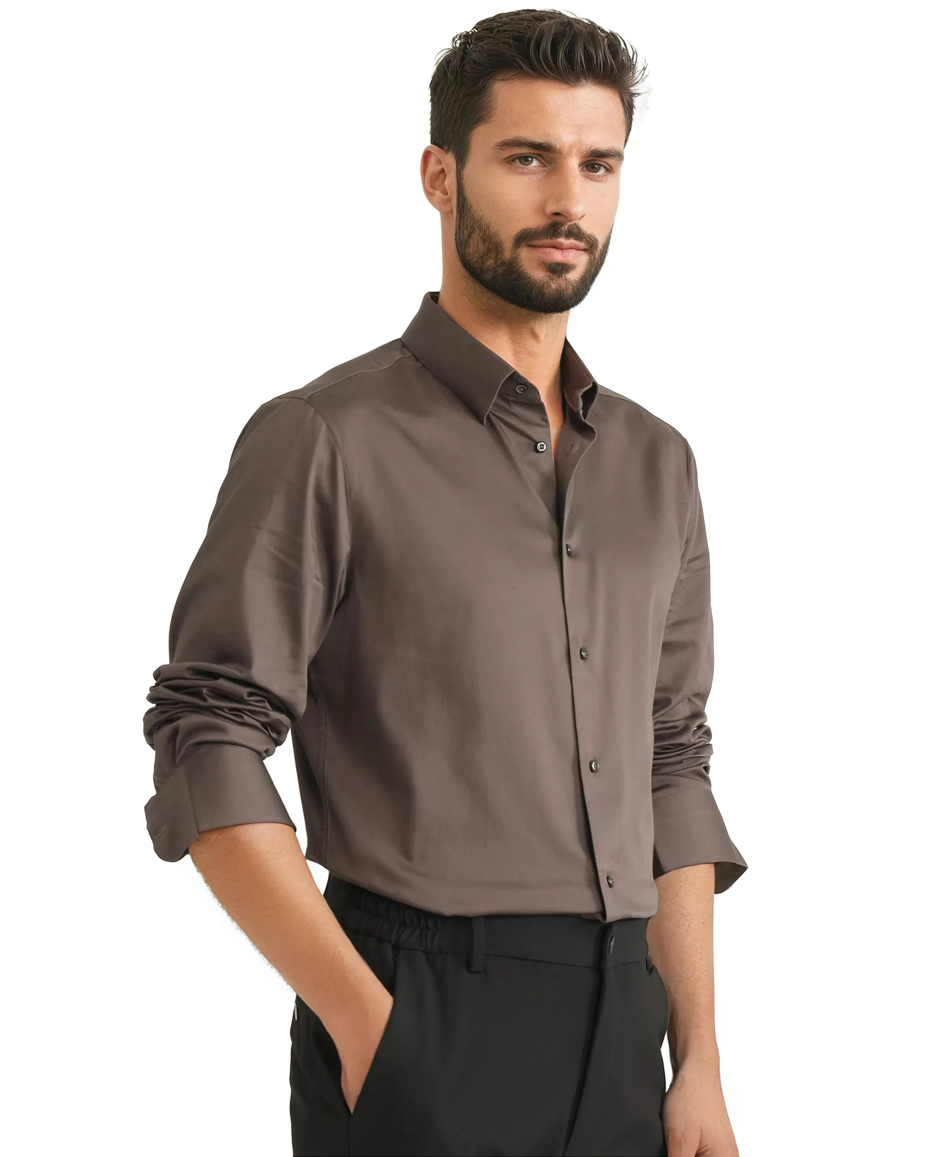 Rare Rabbit Men Como-25 Dusky Olive Cotton Blend Fabric Full Sleeves Collared Neck Button Closure Plain Shirt