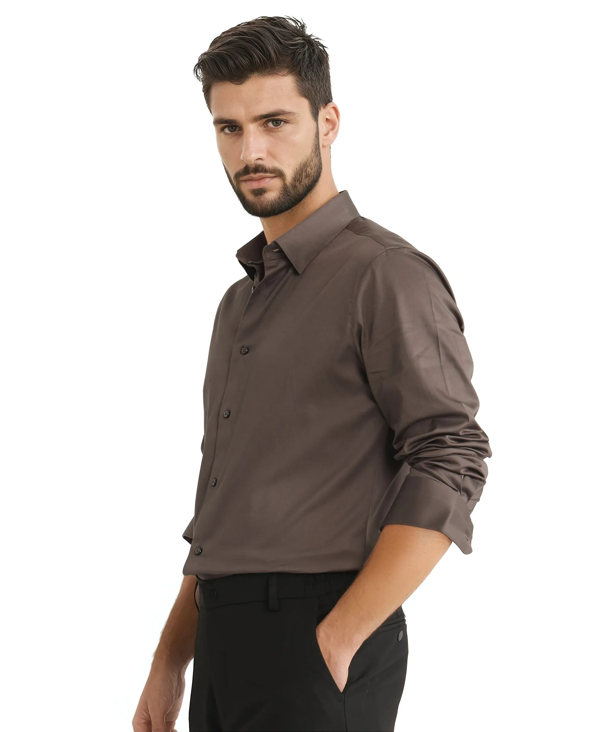 Rare Rabbit Men Como-25 Dusky Olive Cotton Blend Fabric Full Sleeves Collared Neck Button Closure Plain Shirt