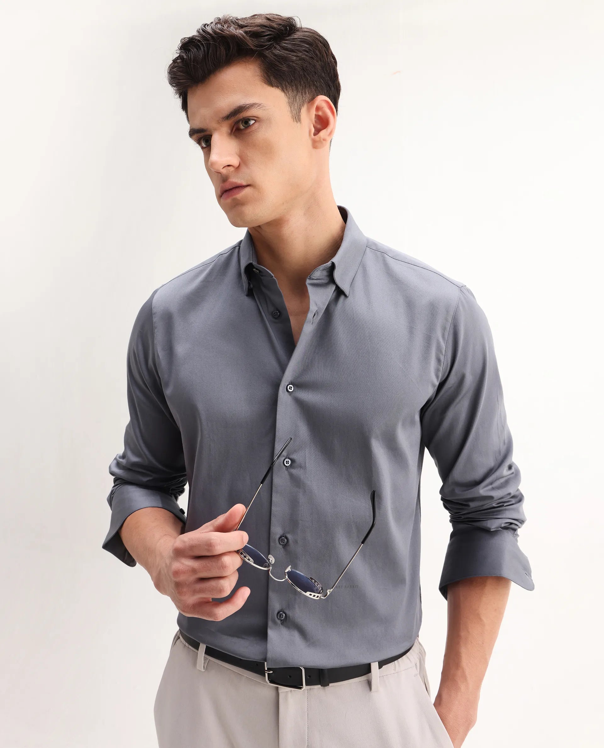 Rare Rabbit Men's Como-26 Dusky Blue Satin Plain Regular Fit Full Sleeve Collared Shirt