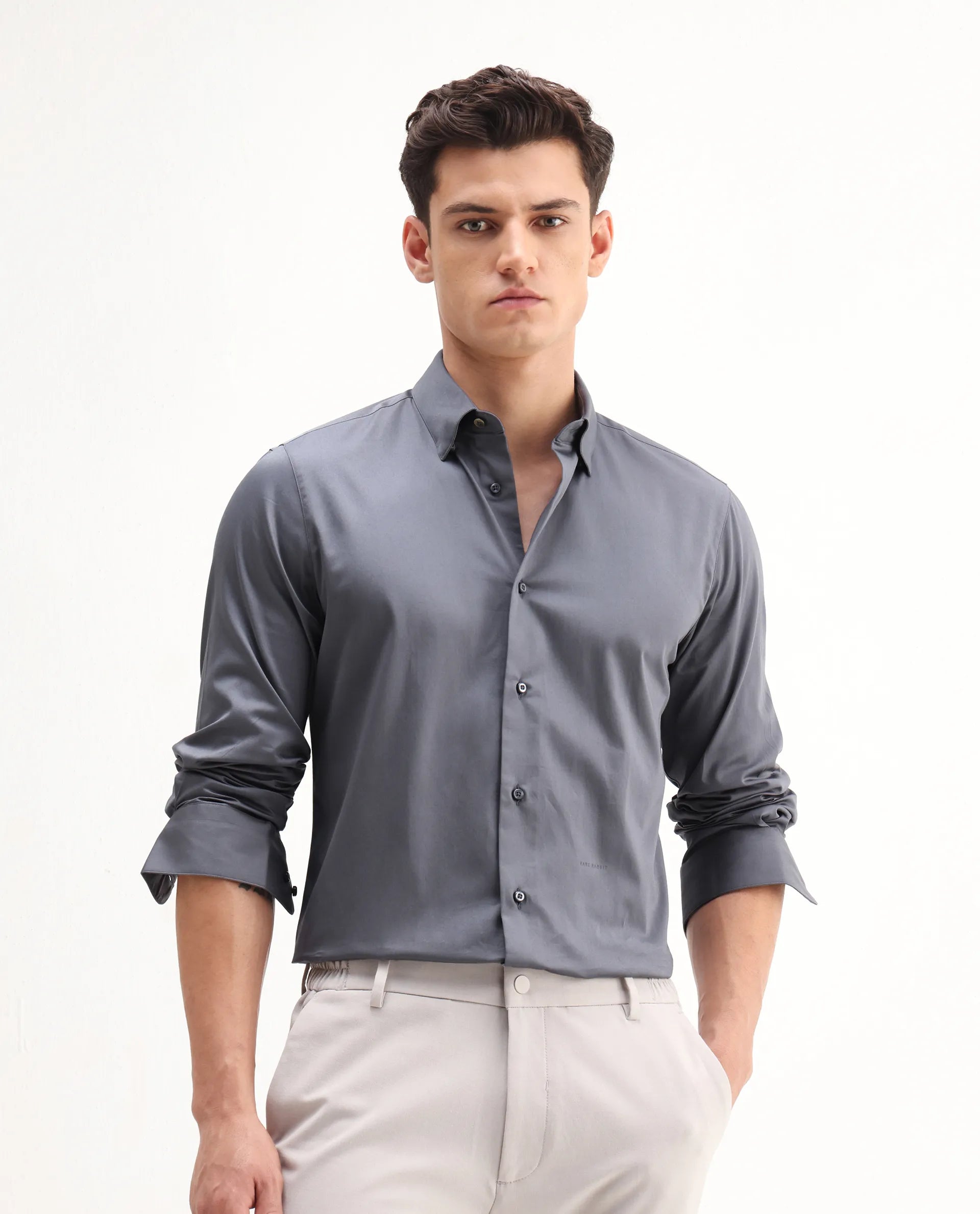 Rare Rabbit Men's Como-26 Dusky Blue Satin Plain Regular Fit Full Sleeve Collared Shirt