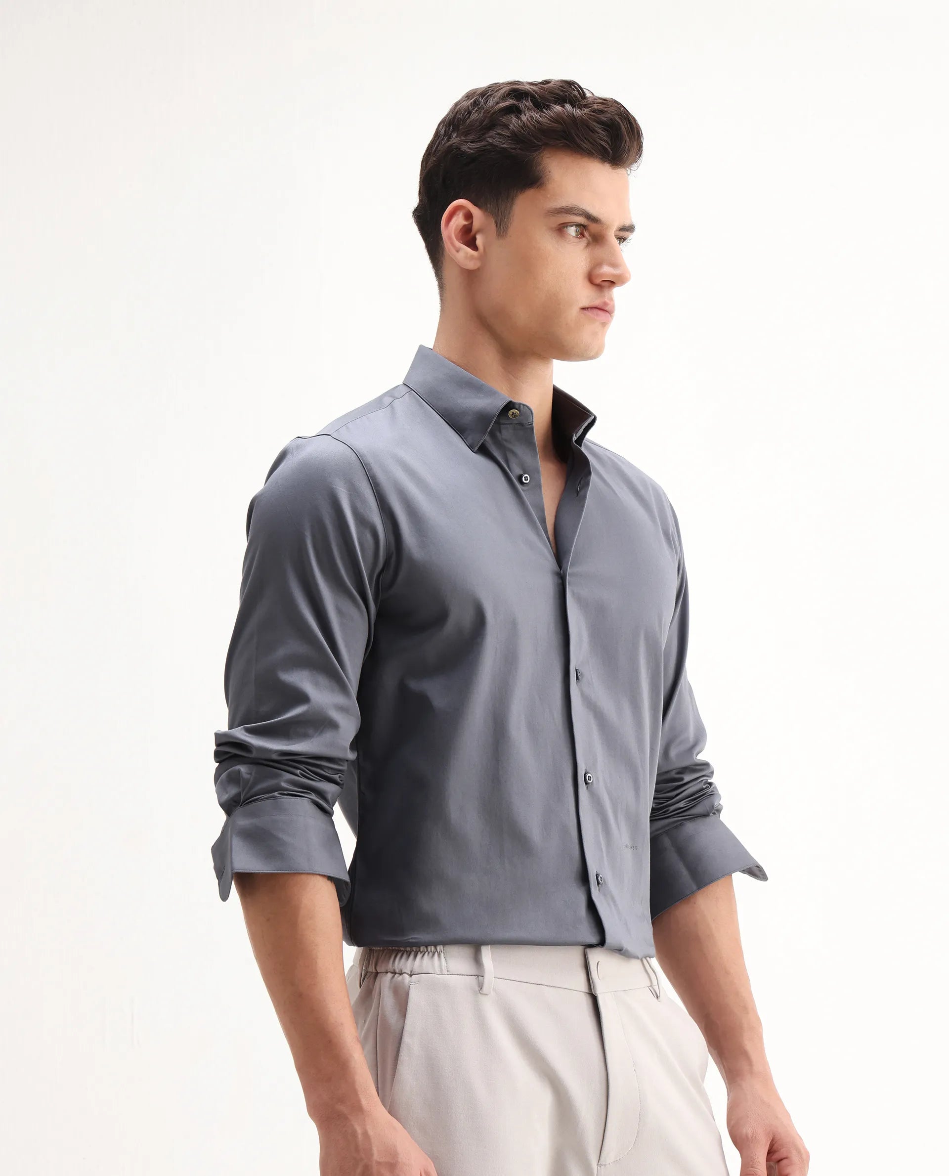 Rare Rabbit Men's Como-26 Dusky Blue Satin Plain Regular Fit Full Sleeve Collared Shirt