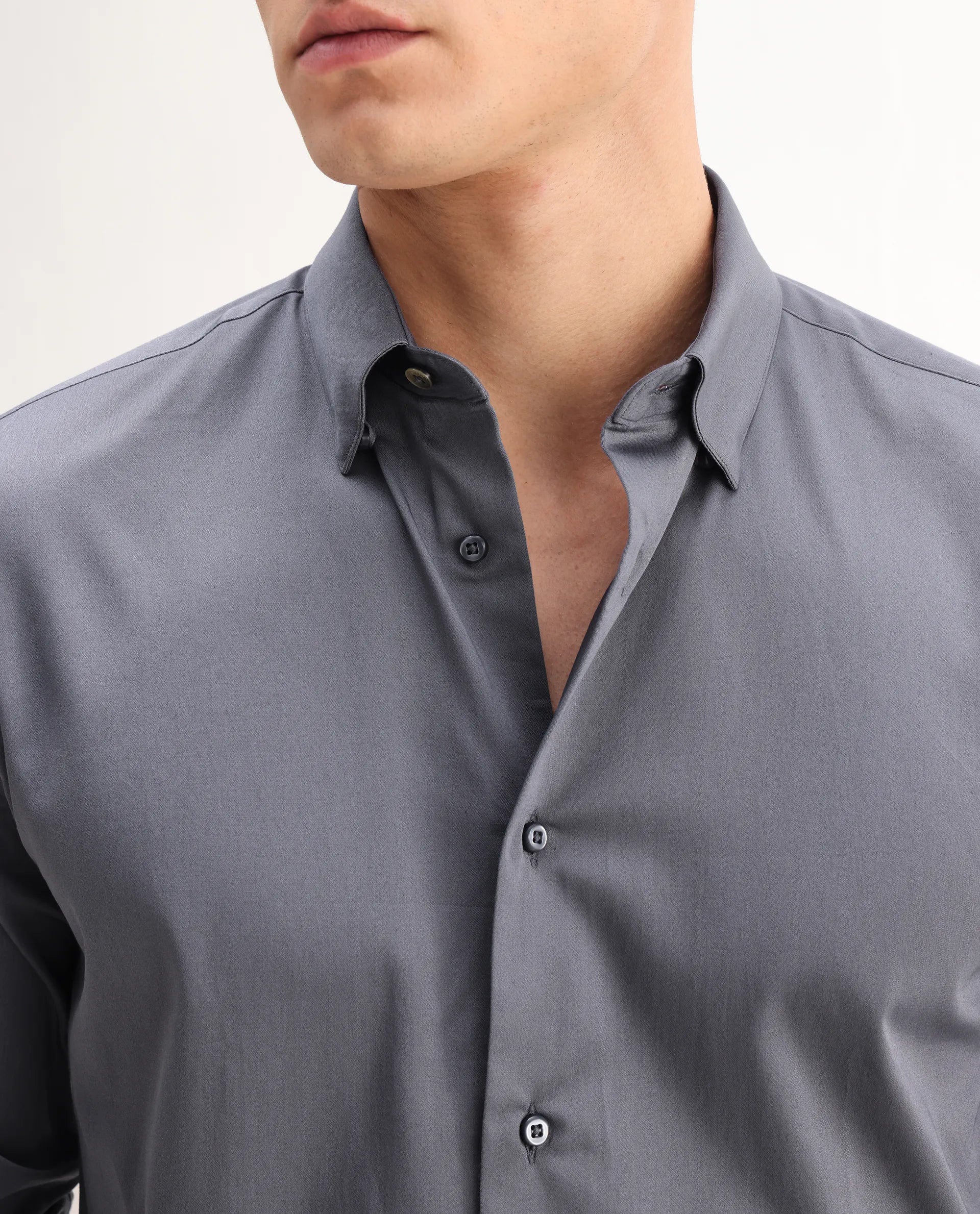 Rare Rabbit Men's Como-26 Dusky Blue Satin Plain Regular Fit Full Sleeve Collared Shirt