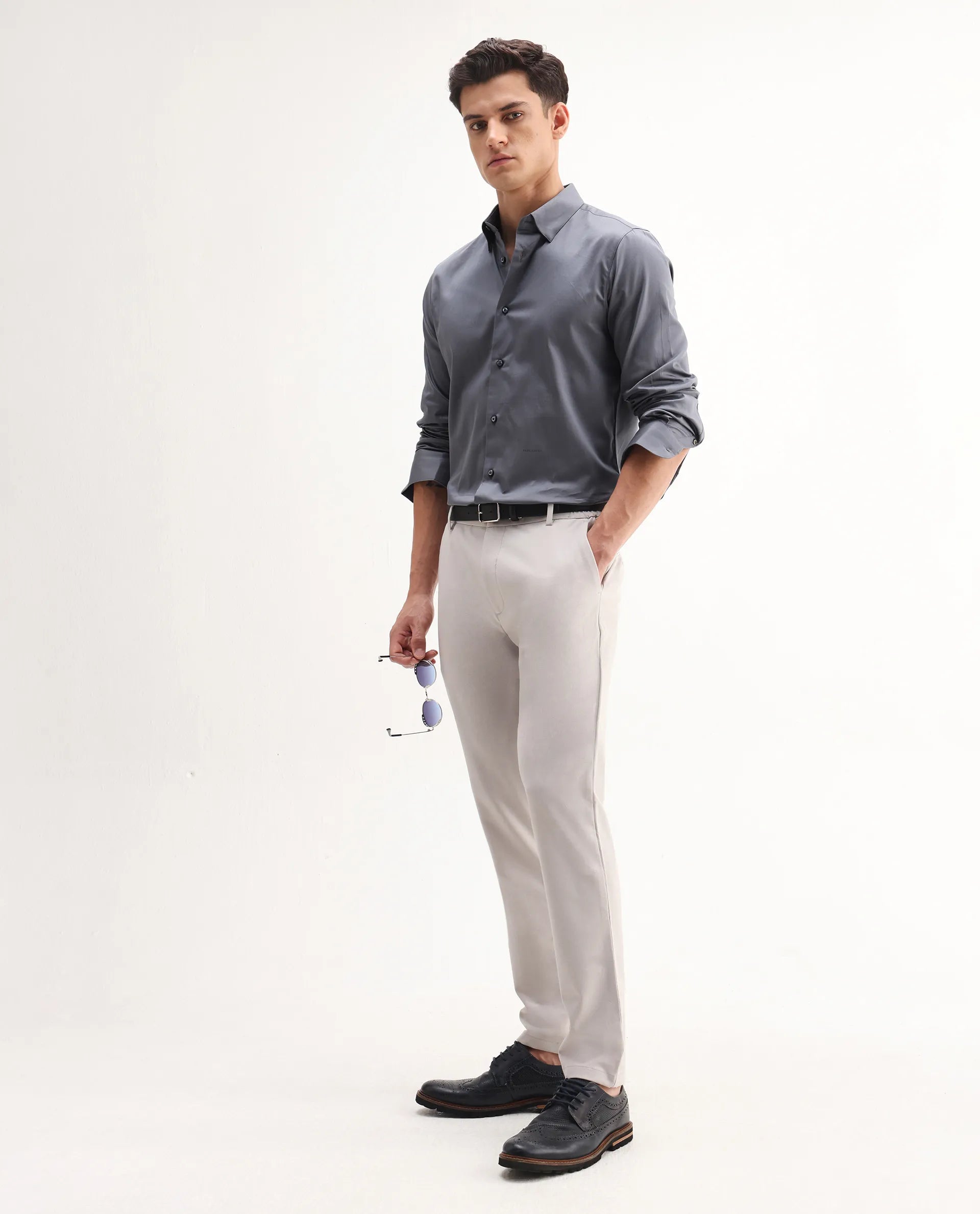 Rare Rabbit Men's Como-26 Dusky Blue Satin Plain Regular Fit Full Sleeve Collared Shirt