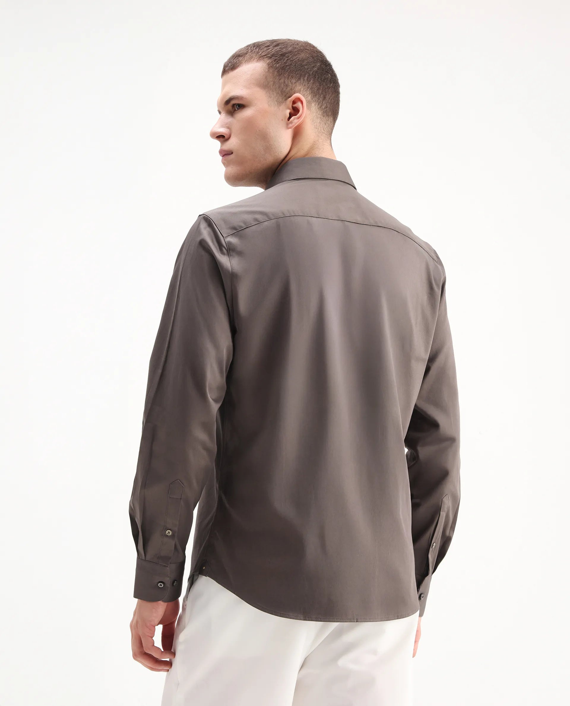 Rare Rabbit Men's Como-26 Dusky Brown Satin Plain Regular Fit Full Sleeve Collared Shirt