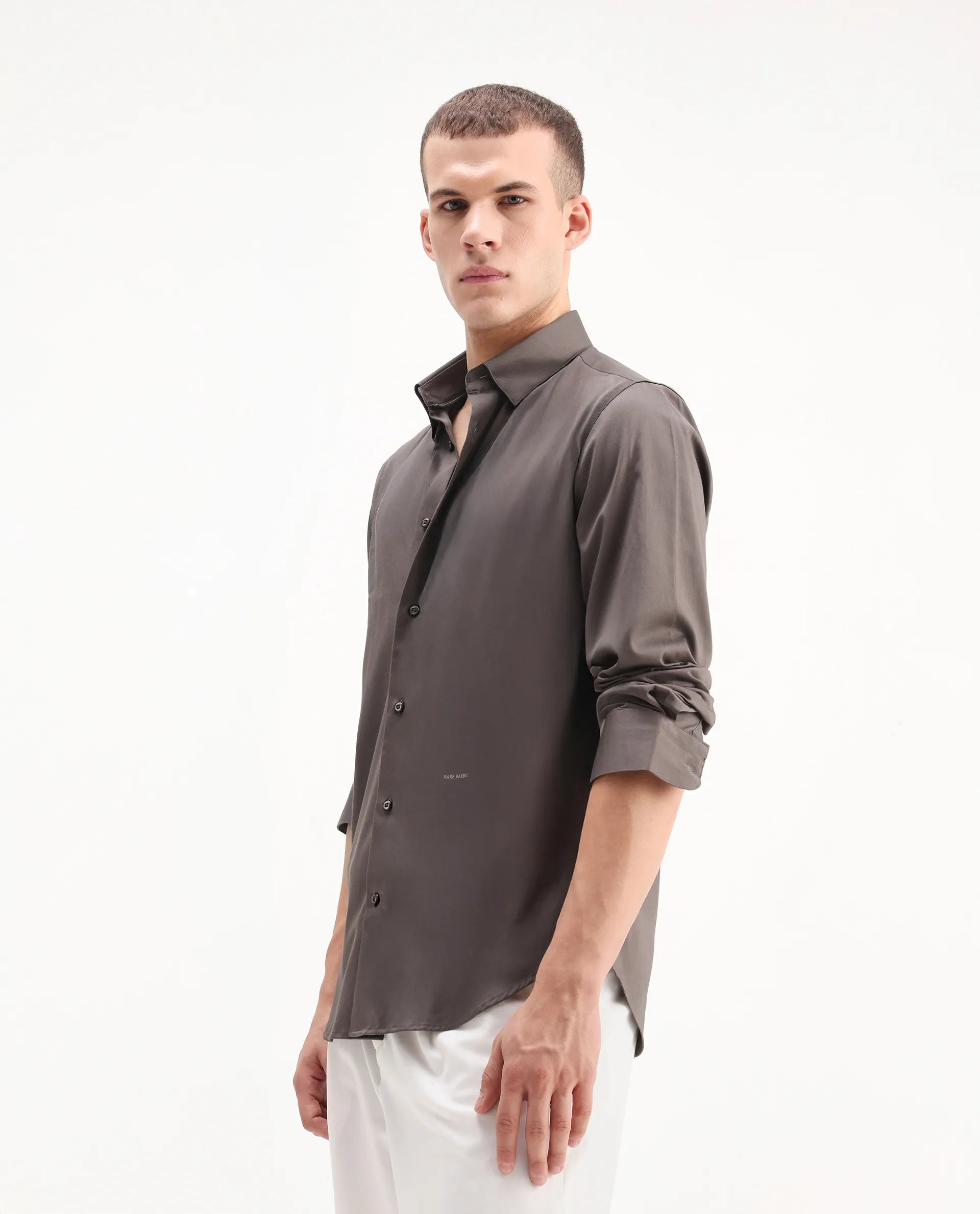 Rare Rabbit Men's Como-26 Dusky Brown Satin Plain Regular Fit Full Sleeve Collared Shirt