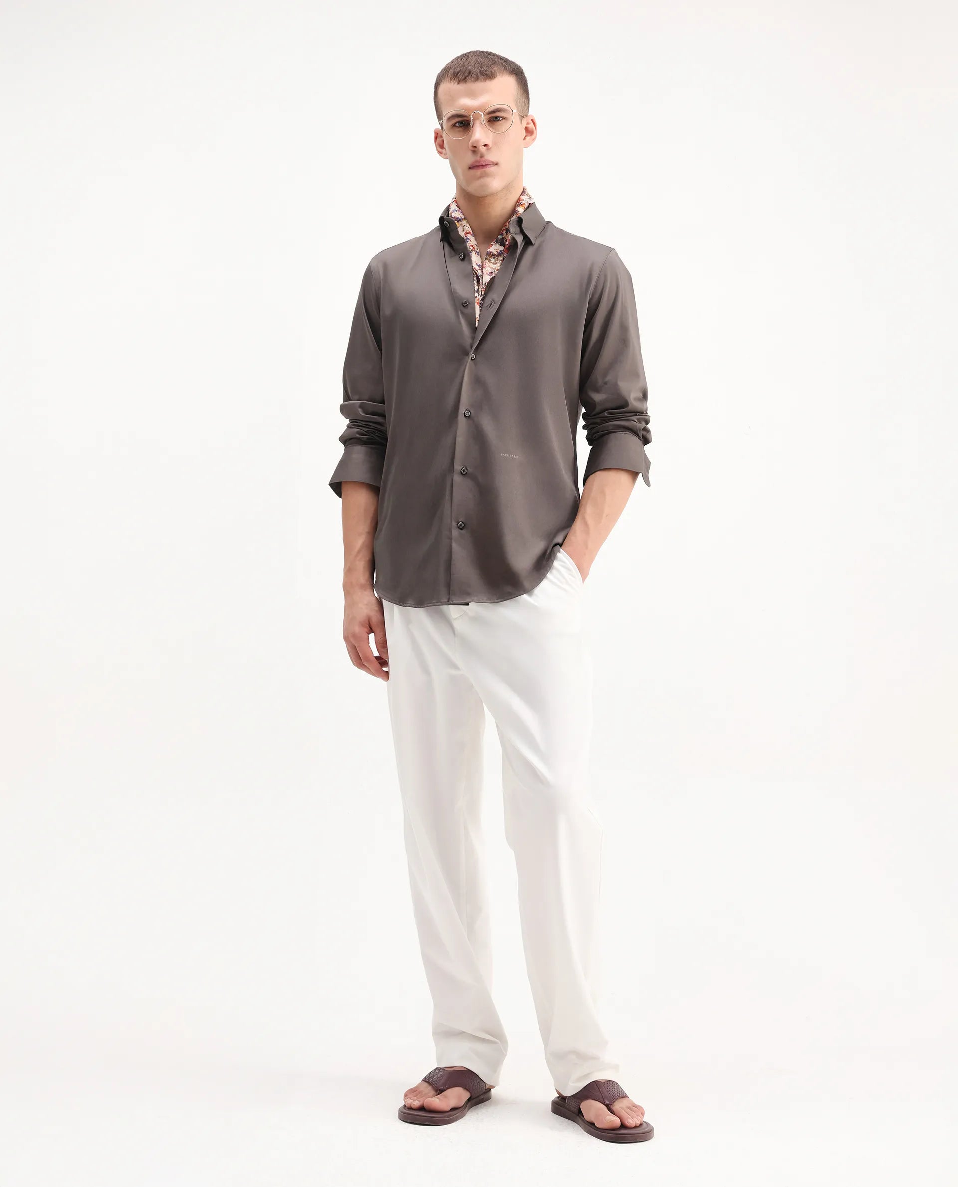 Rare Rabbit Men's Como-26 Dusky Brown Satin Plain Regular Fit Full Sleeve Collared Shirt