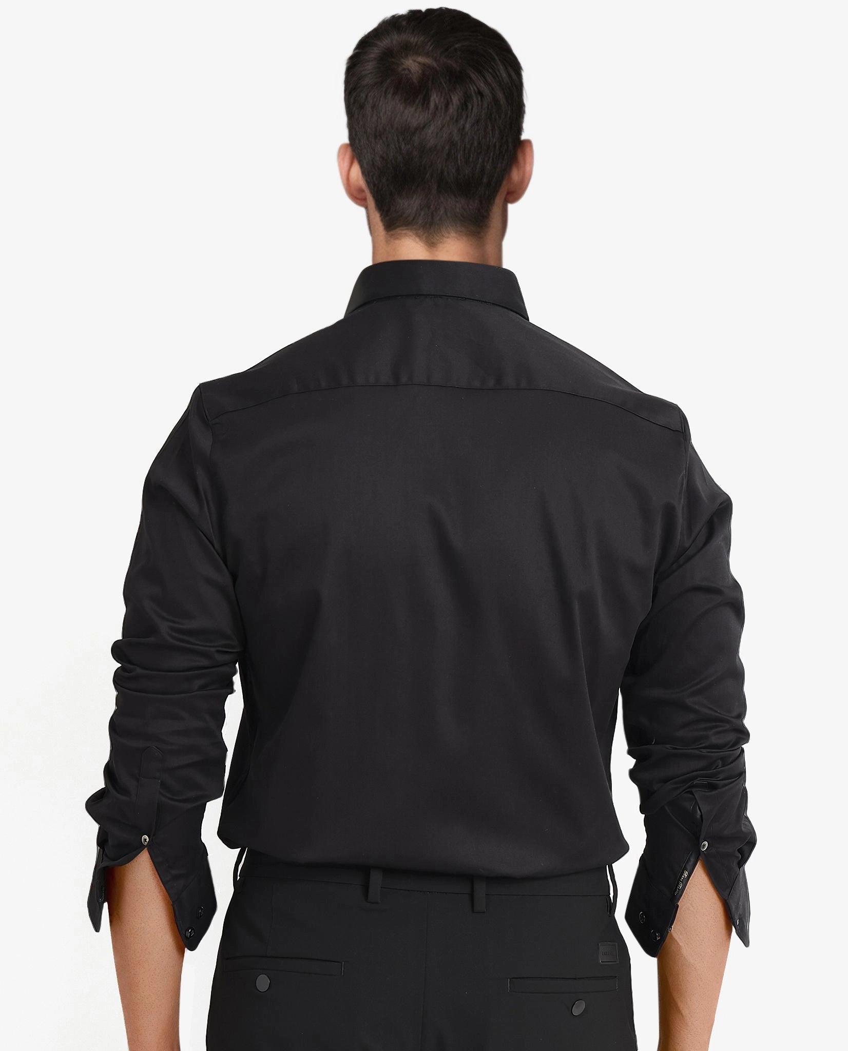 Rare Rabbit Men's Como Black Satin Fabric Button Down Collar Full Sleeves Solid Formal Shirt