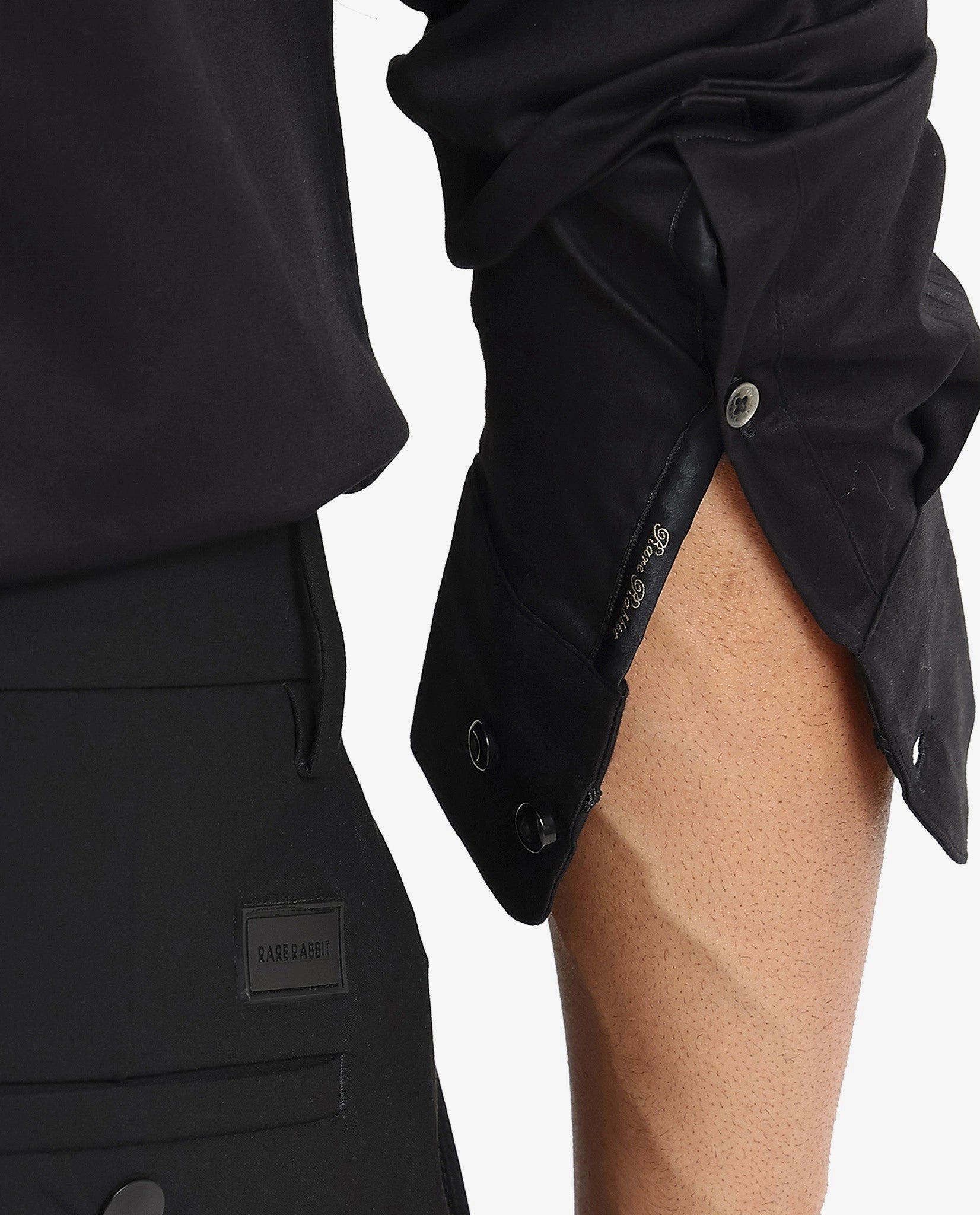 Rare Rabbit Men's Como Black Satin Fabric Button Down Collar Full Sleeves Solid Formal Shirt