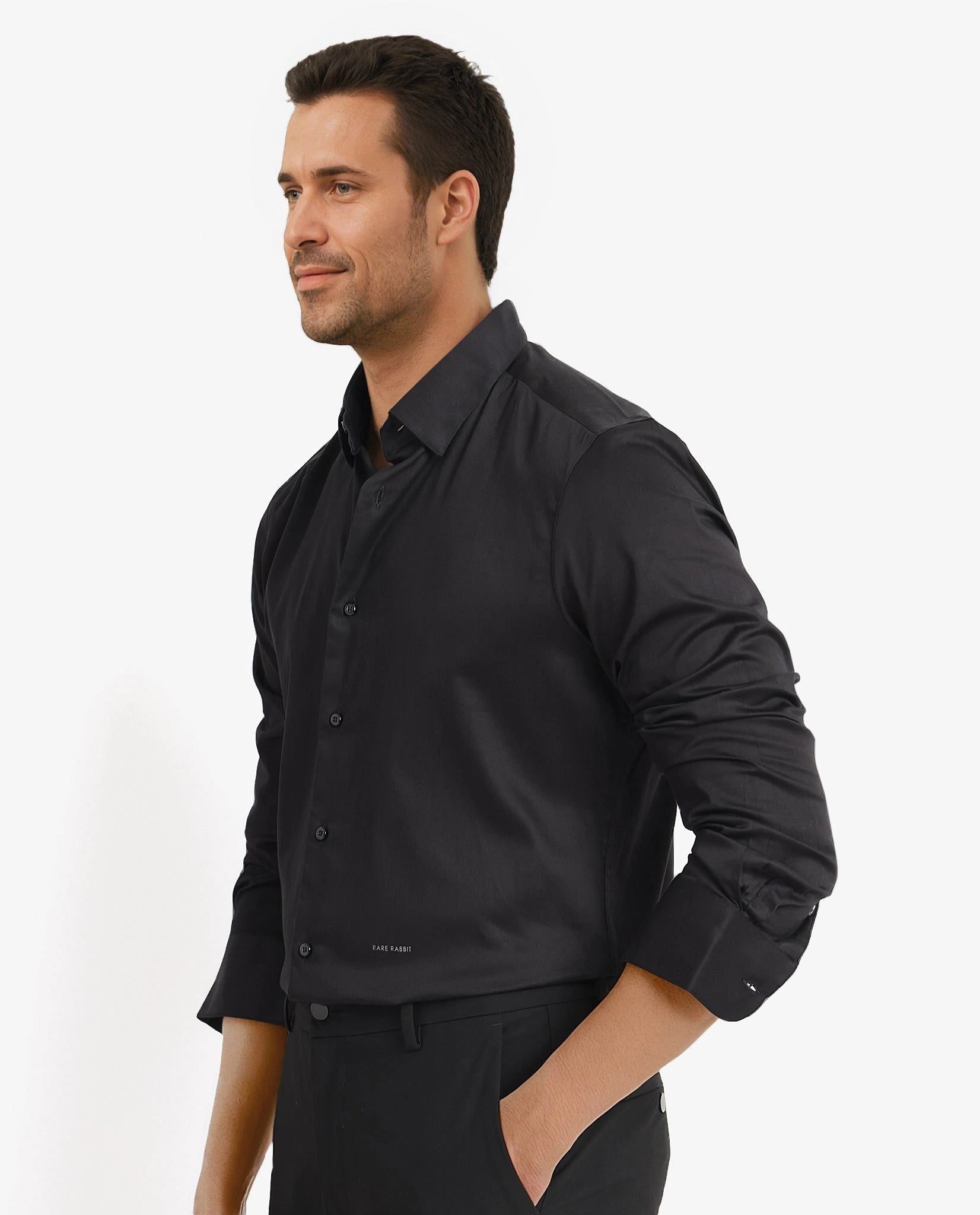 Rare Rabbit Men's Como Black Satin Fabric Button Down Collar Full Sleeves Solid Formal Shirt