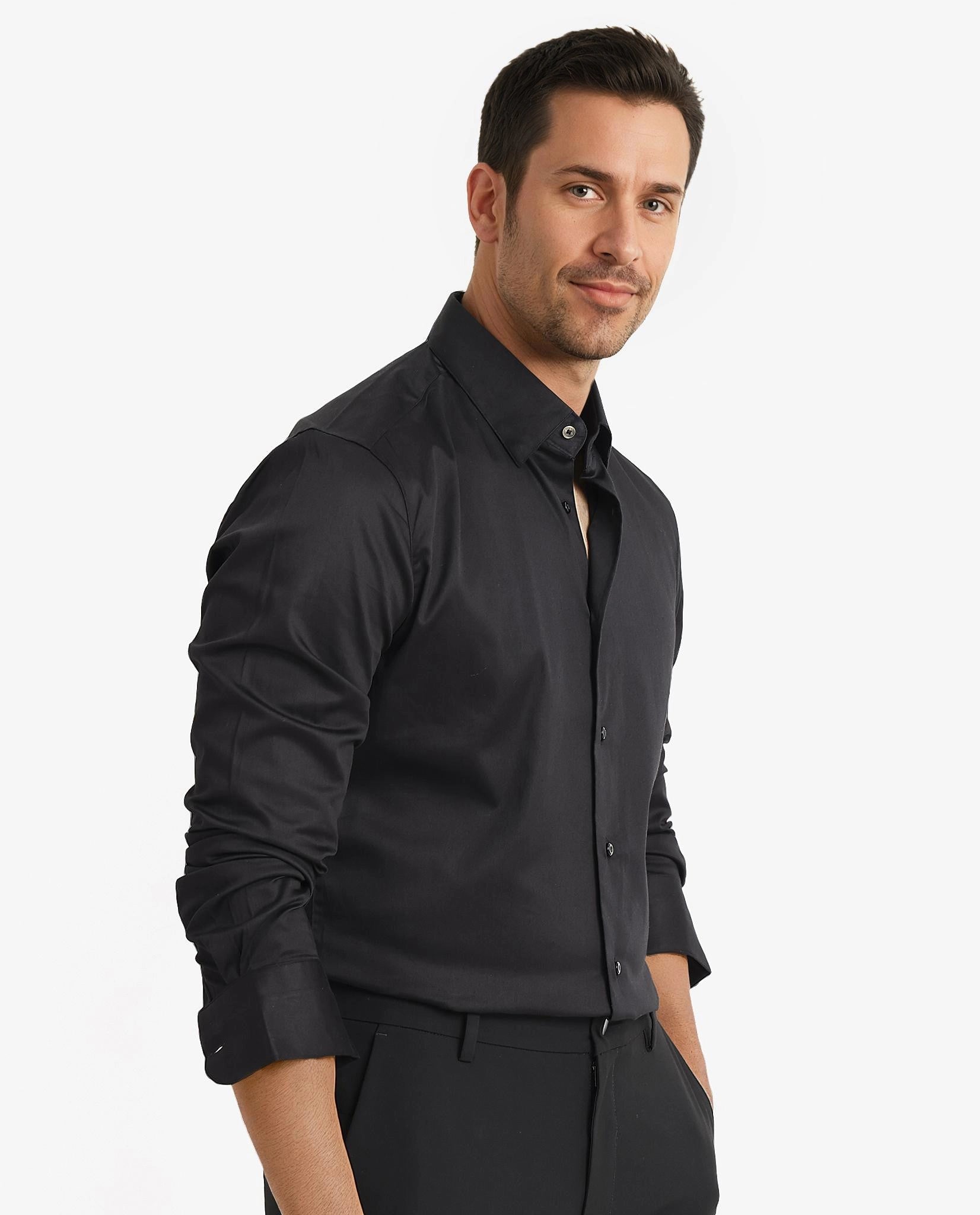 Rare Rabbit Men's Como Black Satin Fabric Button Down Collar Full Sleeves Solid Formal Shirt