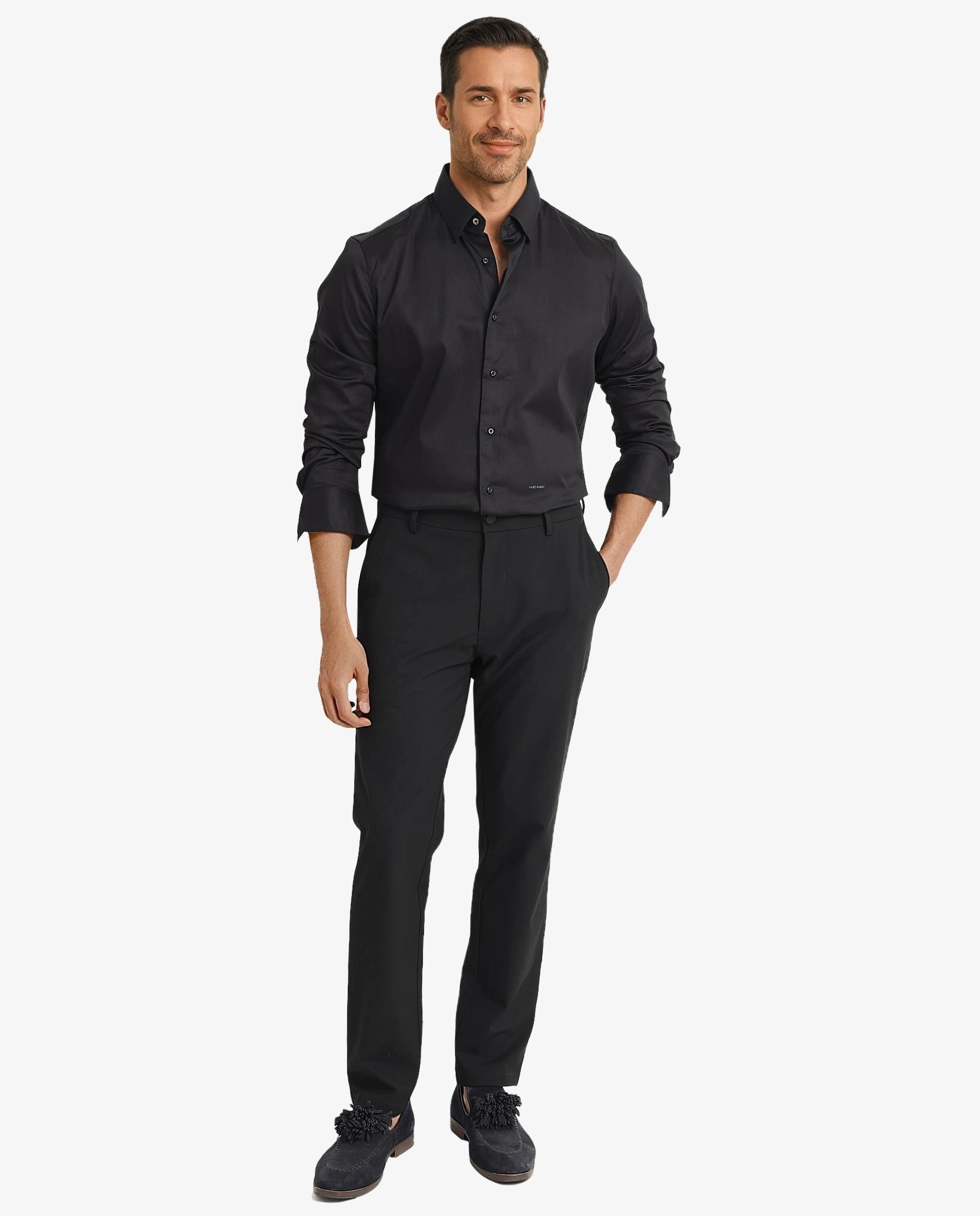 Rare Rabbit Men's Como Black Satin Fabric Button Down Collar Full Sleeves Solid Formal Shirt